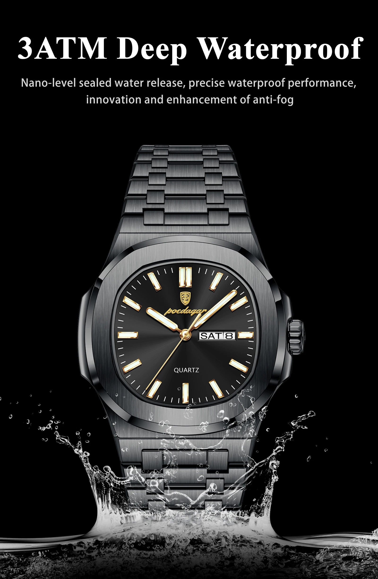 POEDAGAR Luxury Square Men's Watches Waterproof Luminous Date Week Men Watch Stainless Steel Fashion Quartz Man Wristwatch Reloj