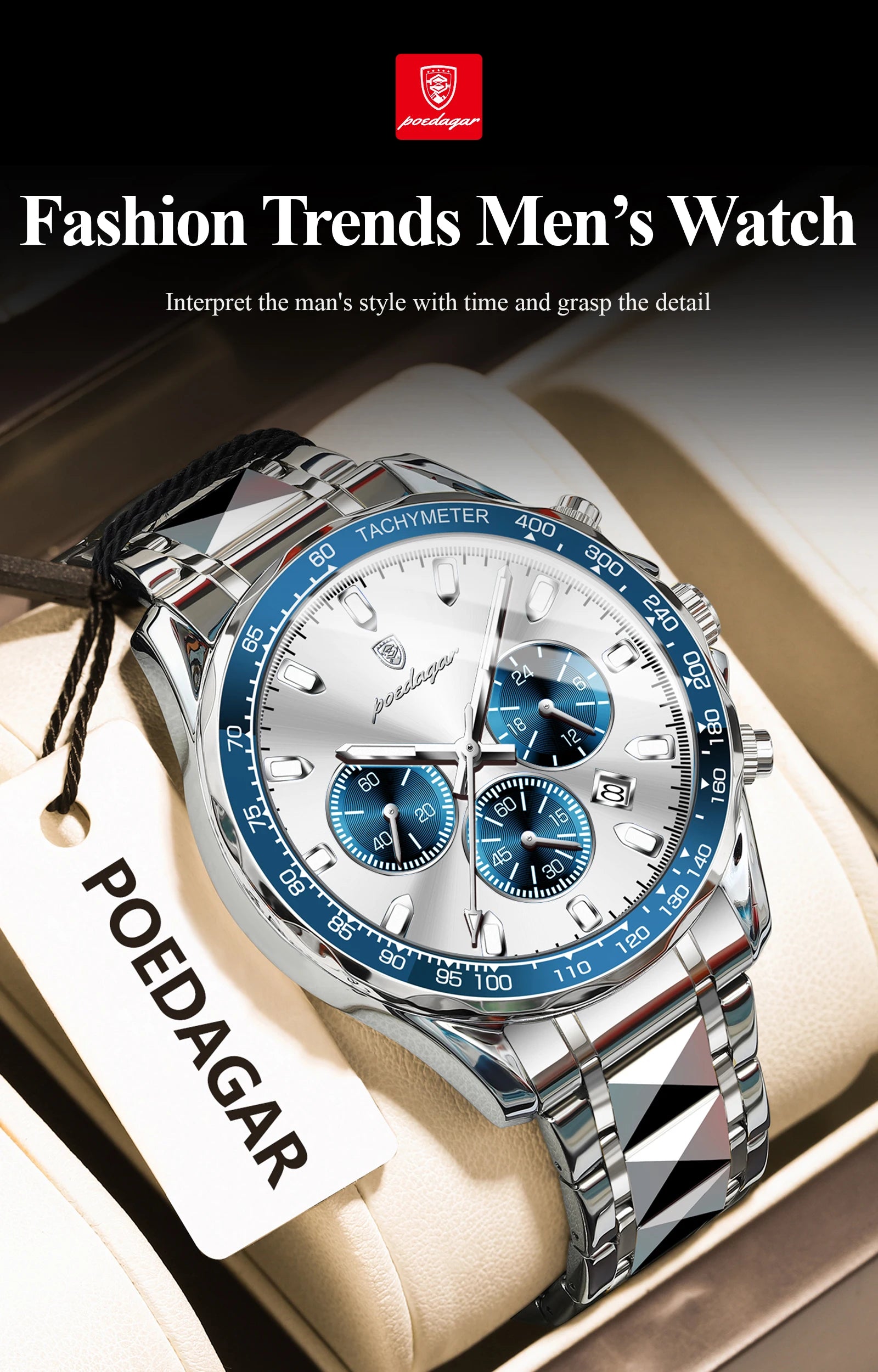 POEDAGAR Luxury Brand Men Watch Waterproof Luminous Stainless Steel Men's Watches Chronograph Date Quartz Business Watch For Man