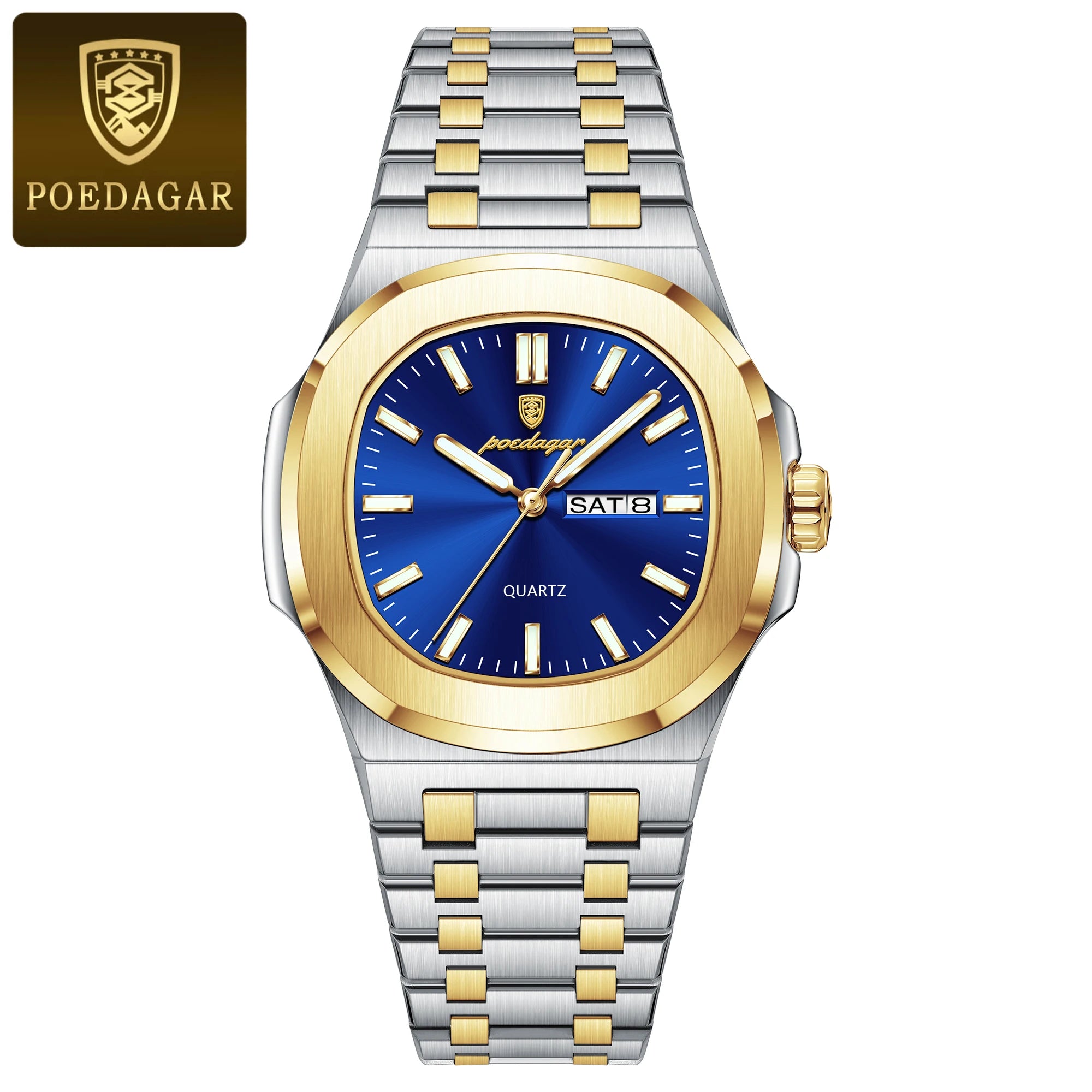 POEDAGAR Luxury Square Men's Watches Waterproof Luminous Date Week Men Watch Stainless Steel Fashion Quartz Man Wristwatch Reloj