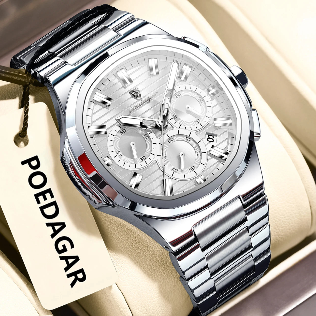 POEDAGAR Business Man Wristwatch Date Chronograph Waterproof Luminous Luxury Men Watch Stainless Steel Quartz Men's Watches Male