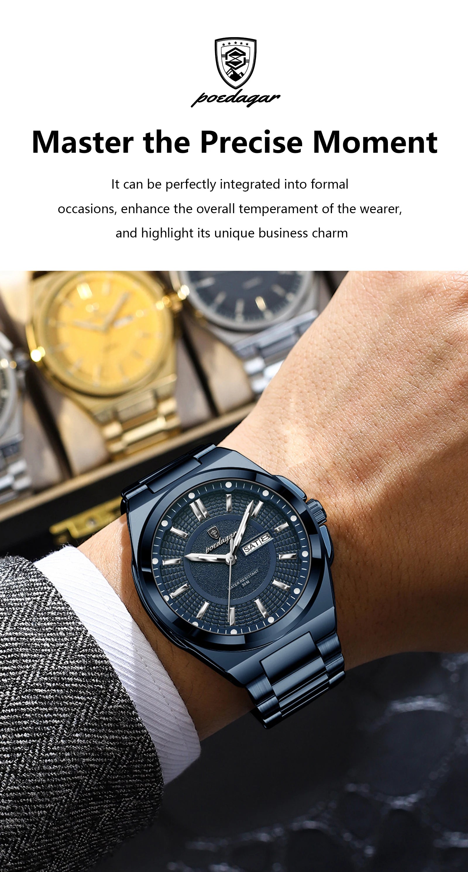 POEDAGAR Sport Original Men Clock Quartz Date Week Luxury Man Wristwatch Waterproof Luminous Stainless Steel Men's Watches Reloj