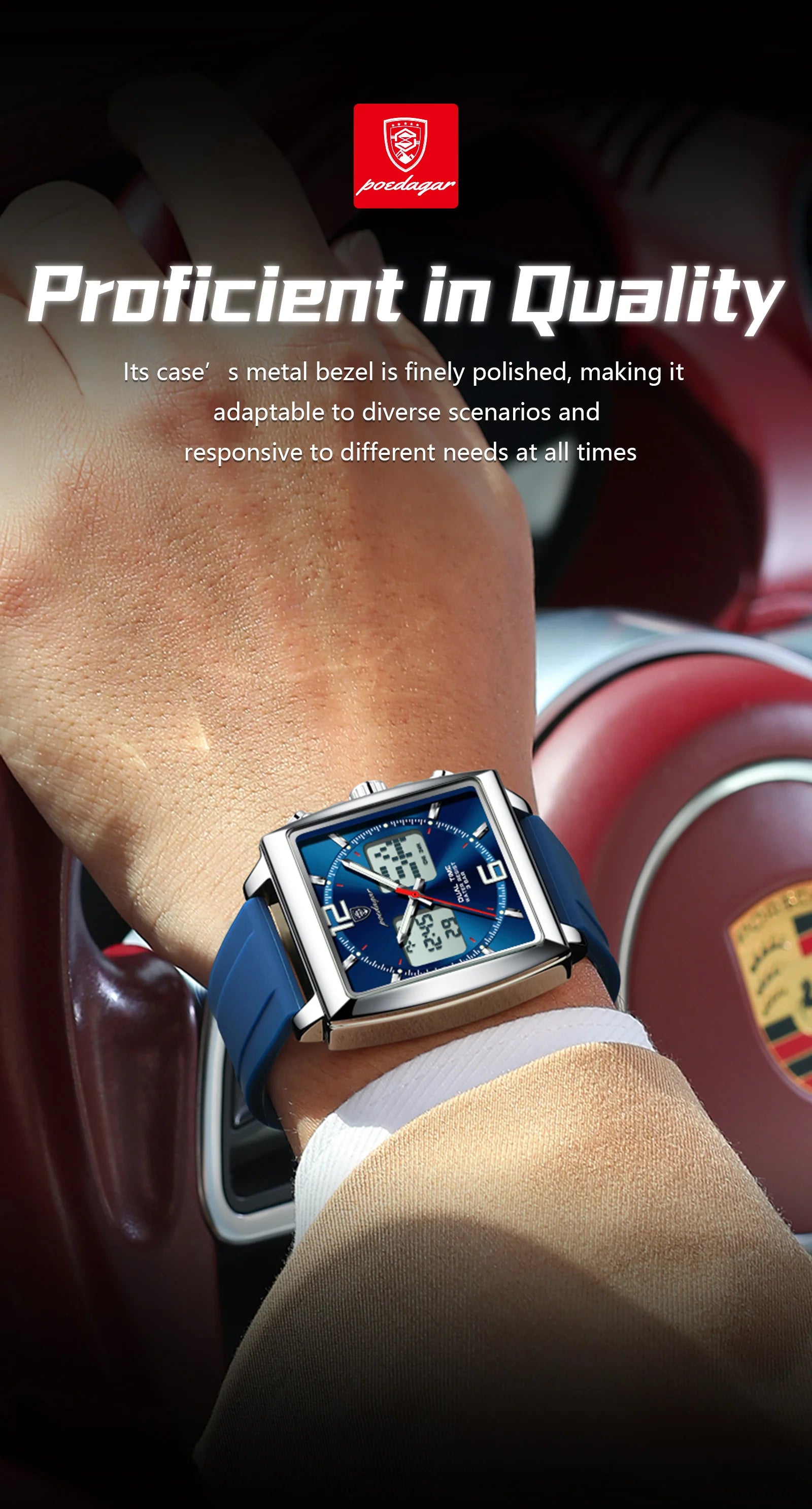 POEDAGAR Luxury Top Man Watch Electronic Square LED Alarm Chronograph Men's Watches Week Date Dual Time Display Men Quartz Clock