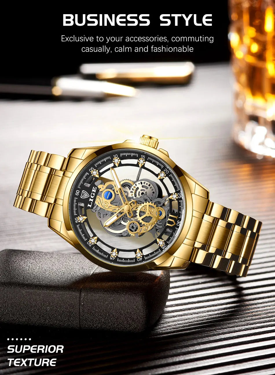 2026 LIGE Men Watch Skeleton Automatic Quartz Watch Gold Skeleton Vintage Man Watch Mens Watches Top Brand Luxury часы мужские