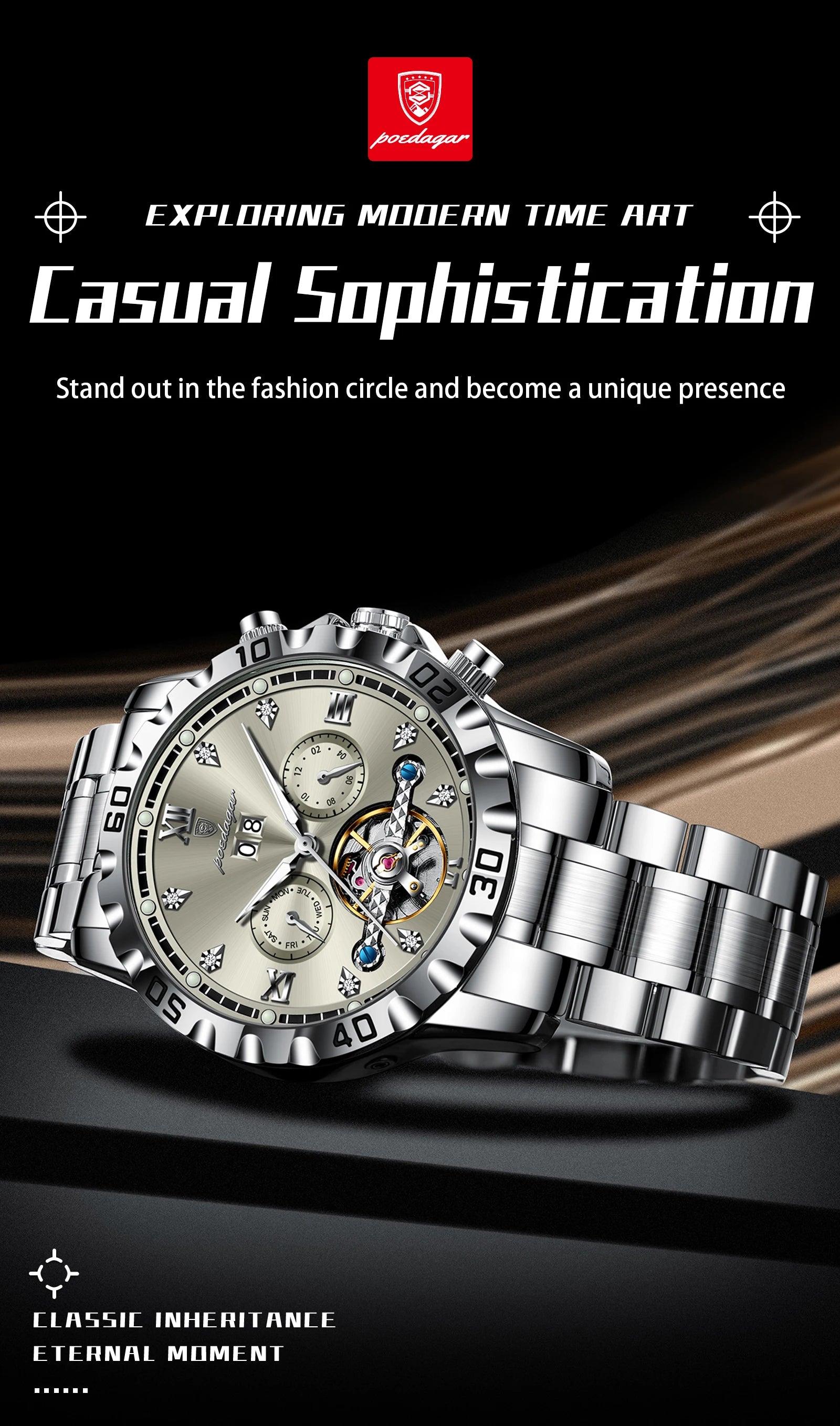 POEDAGAR Top Luxury Men Watch Automatic Date Week Man Wristwatch Hollow Tourbillon Mechanical Stainless Steel Men's Watches Male