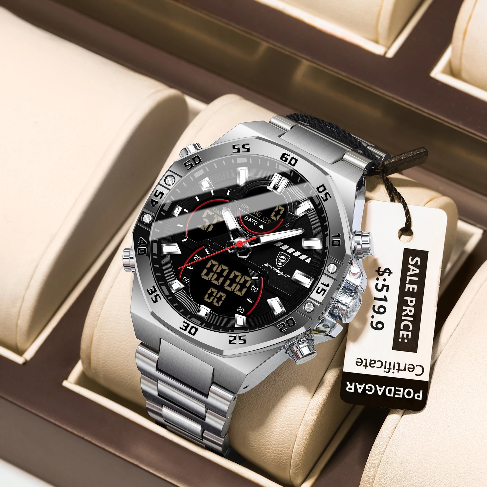 POEDAGAR New Men Clock LED Luminous Waterproof Week Date Military Man Wristwatch Electronic Stainless Steel Quartz Men's Watches