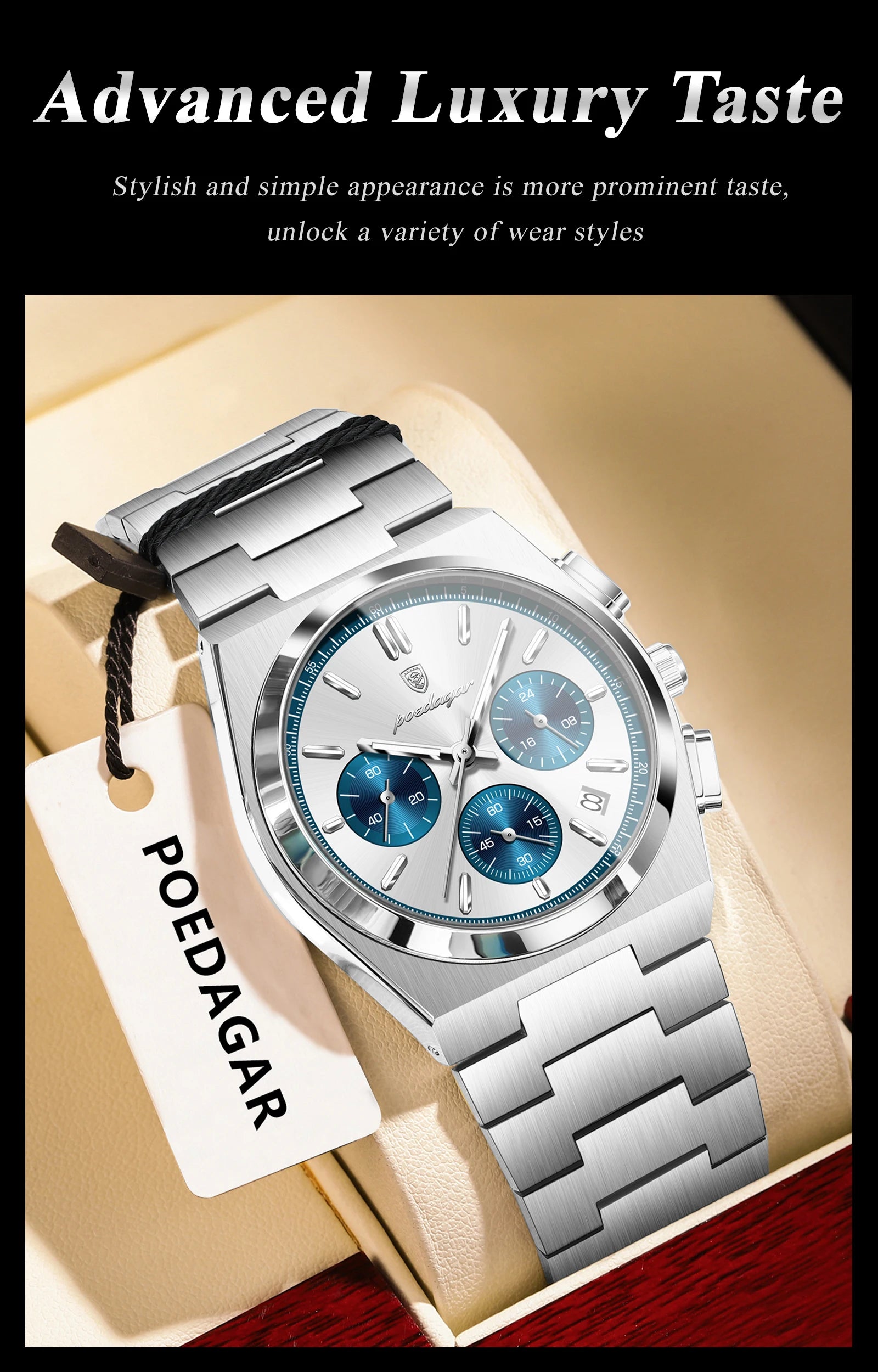 POEDAGAR Luxury Man Watch Chronograph Date Stainless Steel Sport Men Wristwatch Waterproof Luminous Fashion Quartz Men's Watches