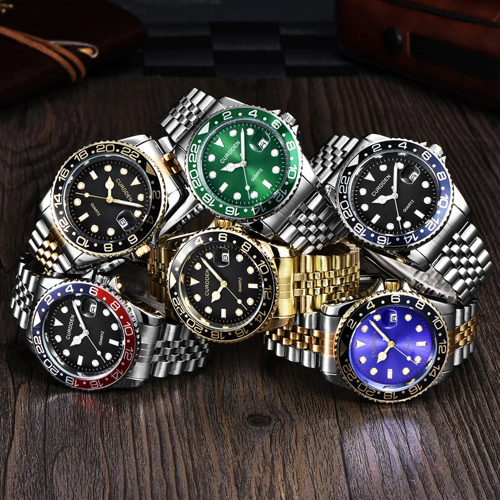 Men Famous Brand Watches Students Boys Fashion Stainless Steel Band Casual Calendar Quartz Watch Green Relogios Masculinos 2024