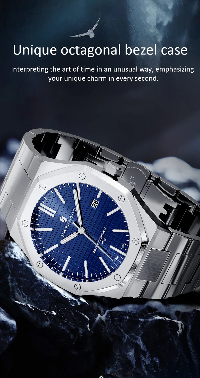 SAPPHERO Men's Watch, Stainless Steel Strap, Water-Resistant Design, Automatic Calendar, Festive Gifts, Exquisite Gift Box Clock