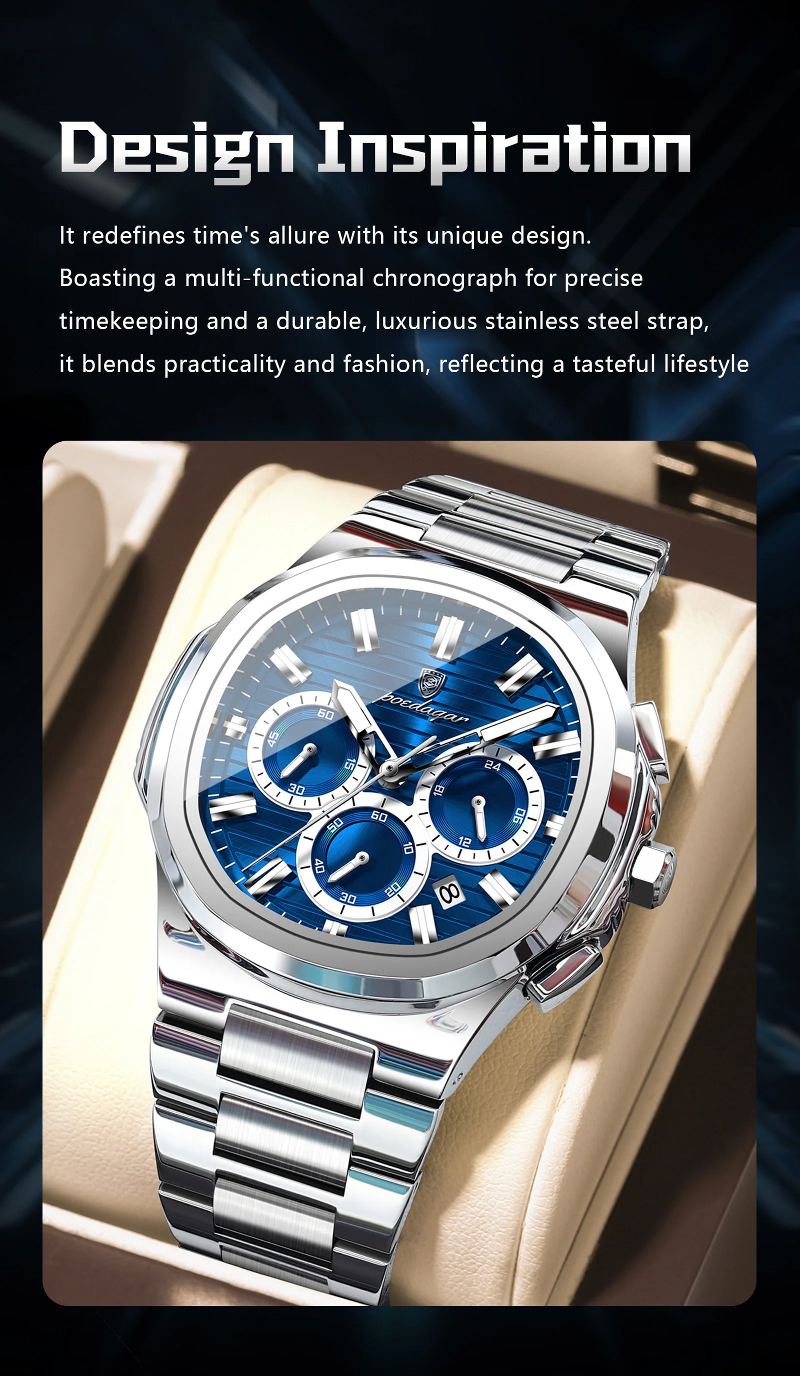 POEDAGAR Business Man Wristwatch Date Chronograph Waterproof Luminous Luxury Men Watch Stainless Steel Quartz Men's Watches Male