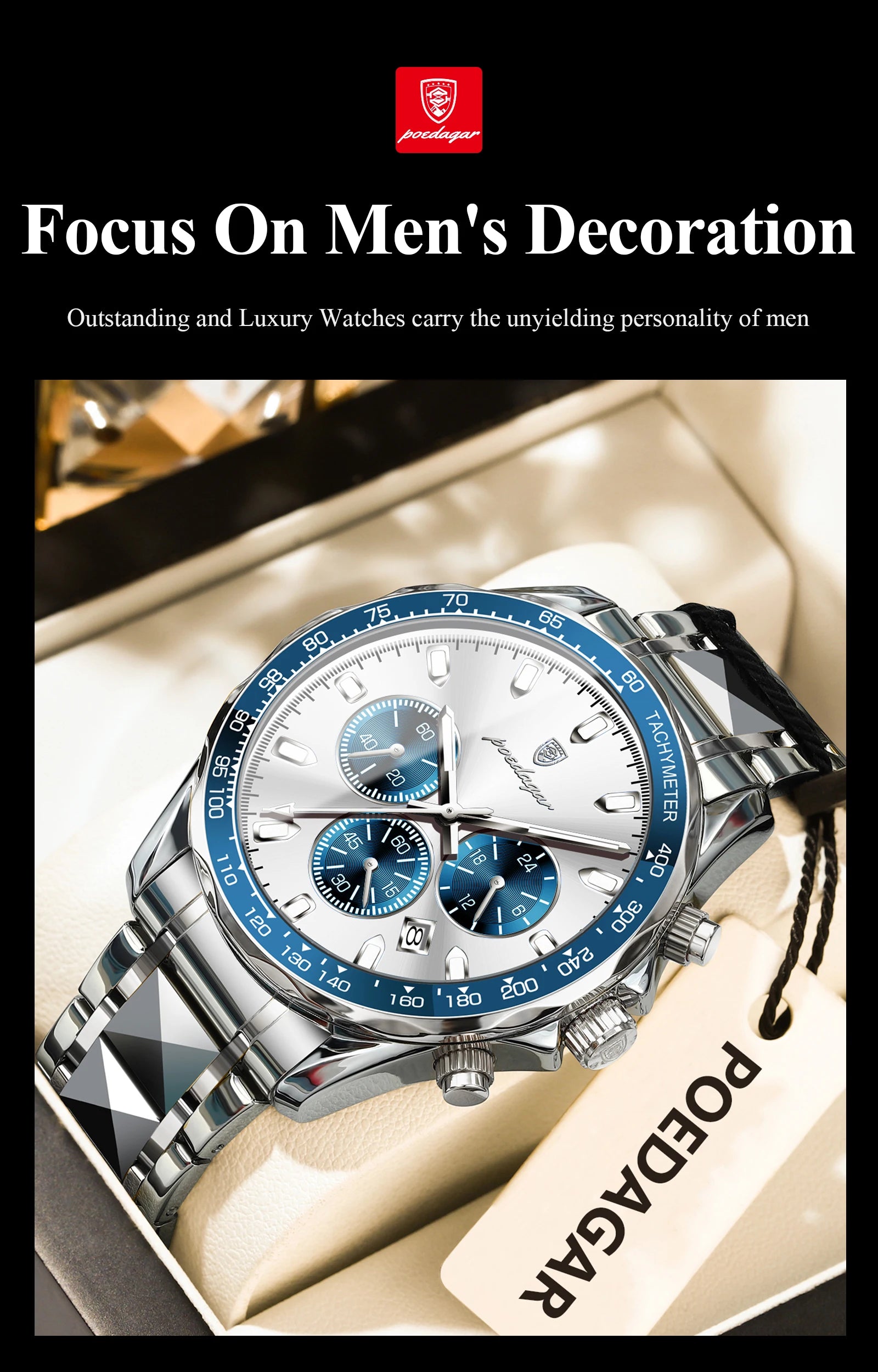 POEDAGAR Luxury Brand Men Watch Waterproof Luminous Stainless Steel Men's Watches Chronograph Date Quartz Business Watch For Man