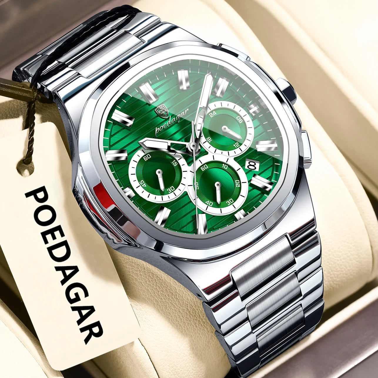POEDAGAR Business Man Wristwatch Date Chronograph Waterproof Luminous Luxury Men Watch Stainless Steel Quartz Men's Watches Male