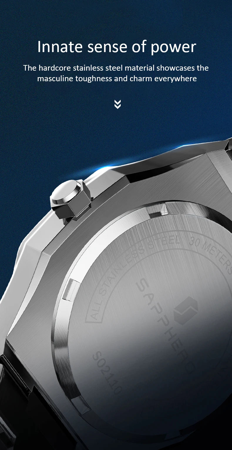 SAPPHERO Men's Watch, Stainless Steel Strap, Water-Resistant Design, Automatic Calendar, Festive Gifts, Exquisite Gift Box Clock