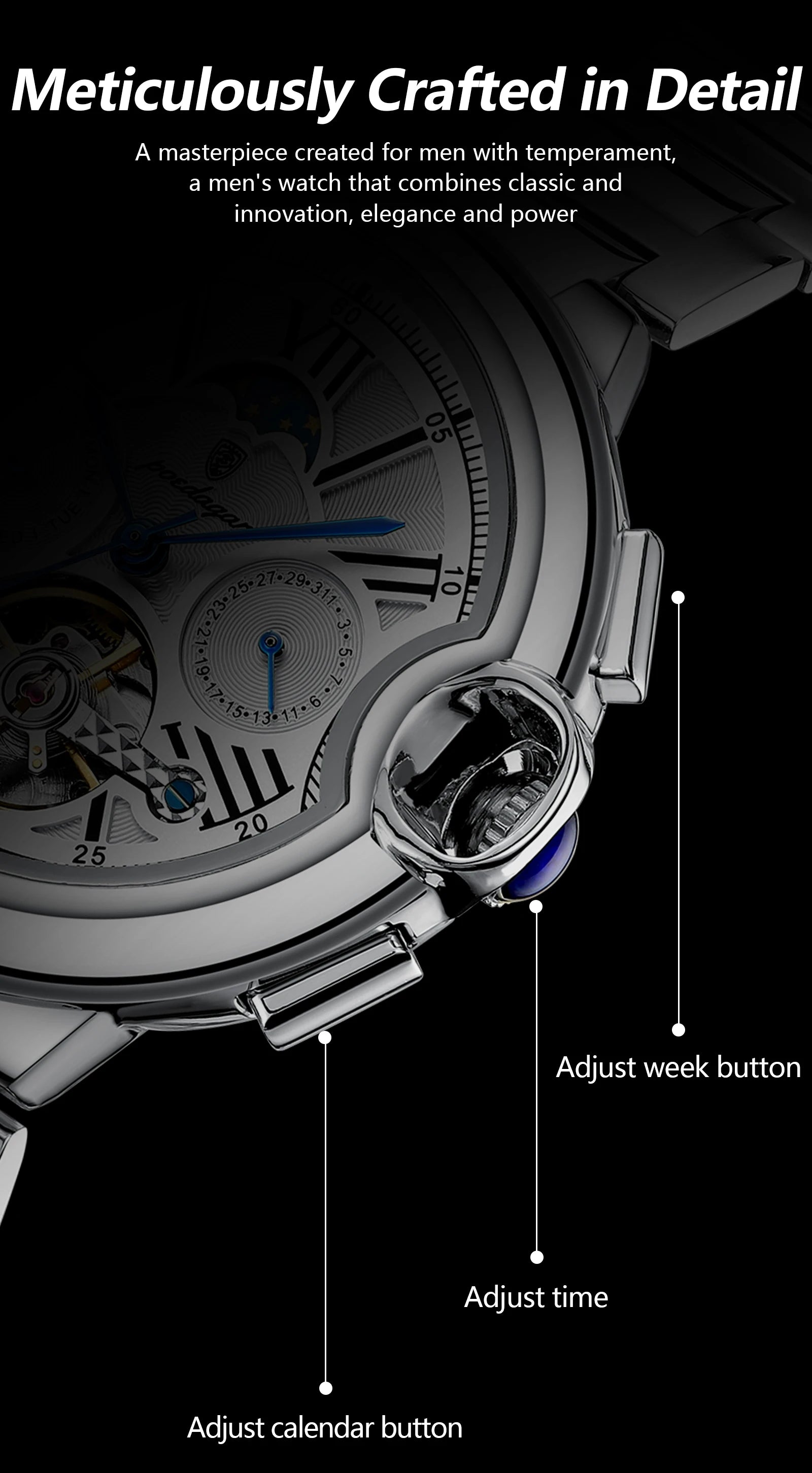 POEDAGAR Luxury Man Watch Tourbillon Date Week Stainless Steel Men Watch Waterproof Automatic Mechanical Military Men's Watches