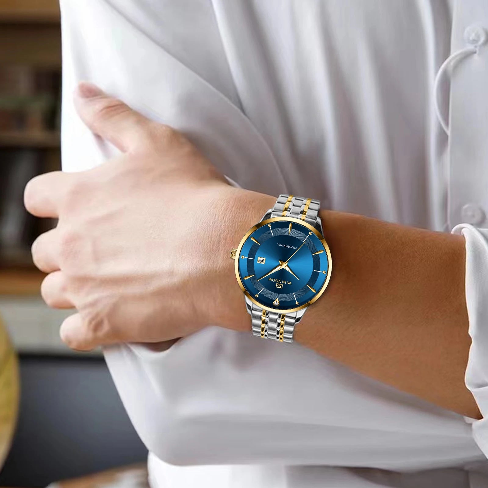 2024 New Men Watch Stainless Steel Business Style Luxury Rhinestone 43mm Blue Gold Quartz Movement Wristwatch Relogios Masculino