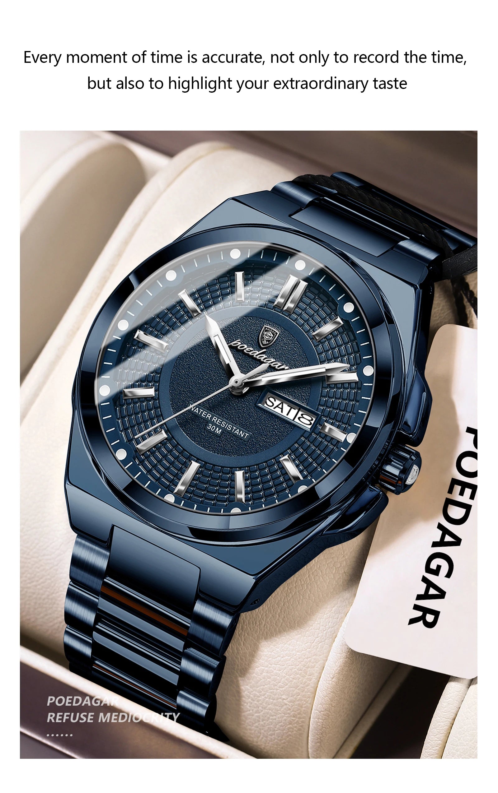 POEDAGAR Sport Original Men Clock Quartz Date Week Luxury Man Wristwatch Waterproof Luminous Stainless Steel Men's Watches Reloj