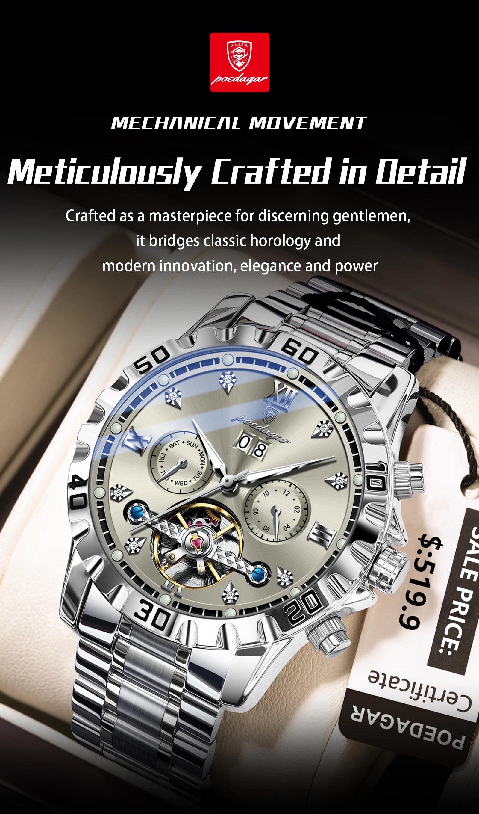 POEDAGAR Top Luxury Men Watch Automatic Date Week Man Wristwatch Hollow Tourbillon Mechanical Stainless Steel Men's Watches Male