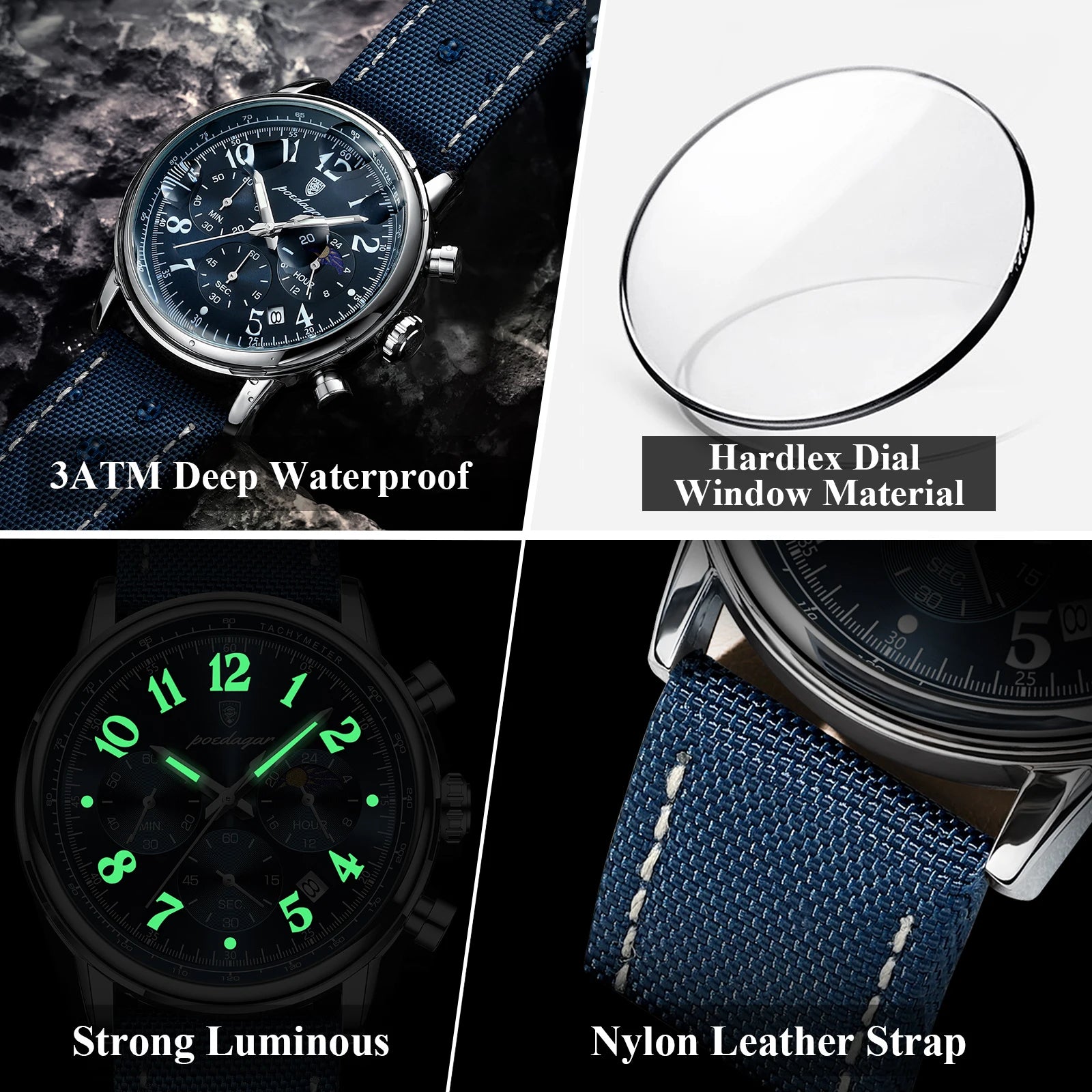 POEDAGAR Luxury Sports Military Men Watch Waterproof Luminous Chronograph Nylon Leather Date Man Wristwatch Quartz Men's Watches
