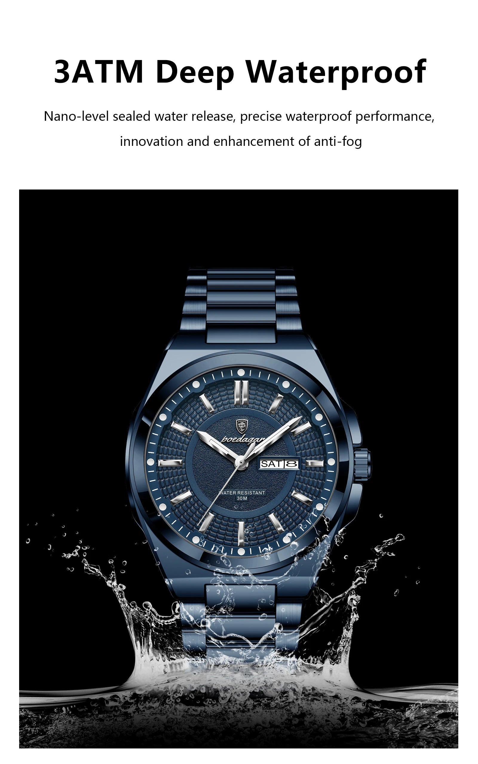 POEDAGAR Sport Original Men Clock Quartz Date Week Luxury Man Wristwatch Waterproof Luminous Stainless Steel Men's Watches Reloj