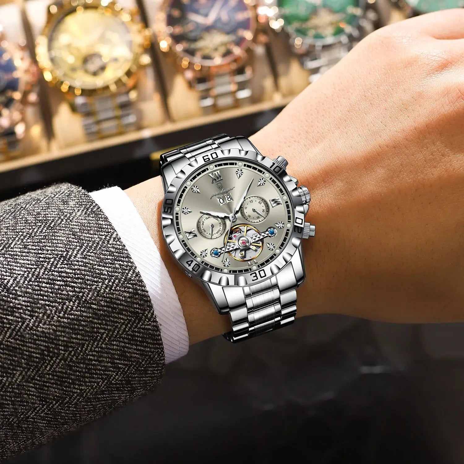 POEDAGAR Top Luxury Men Watch Automatic Date Week Man Wristwatch Hollow Tourbillon Mechanical Stainless Steel Men's Watches Male