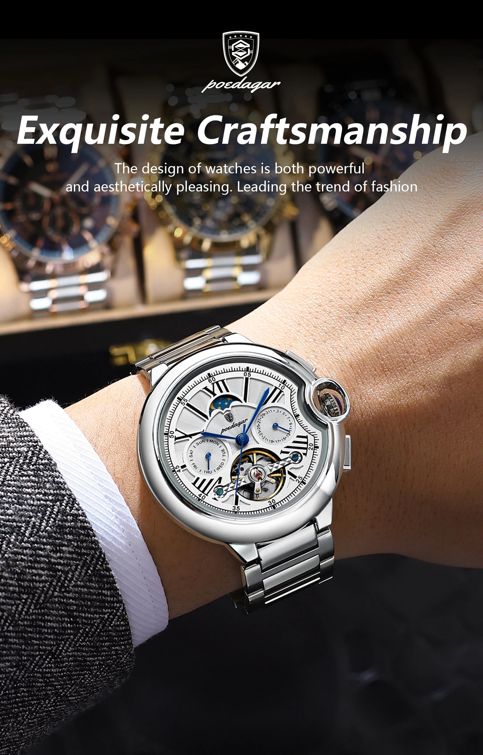 POEDAGAR Luxury Man Watch Tourbillon Date Week Stainless Steel Men Watch Waterproof Automatic Mechanical Military Men's Watches