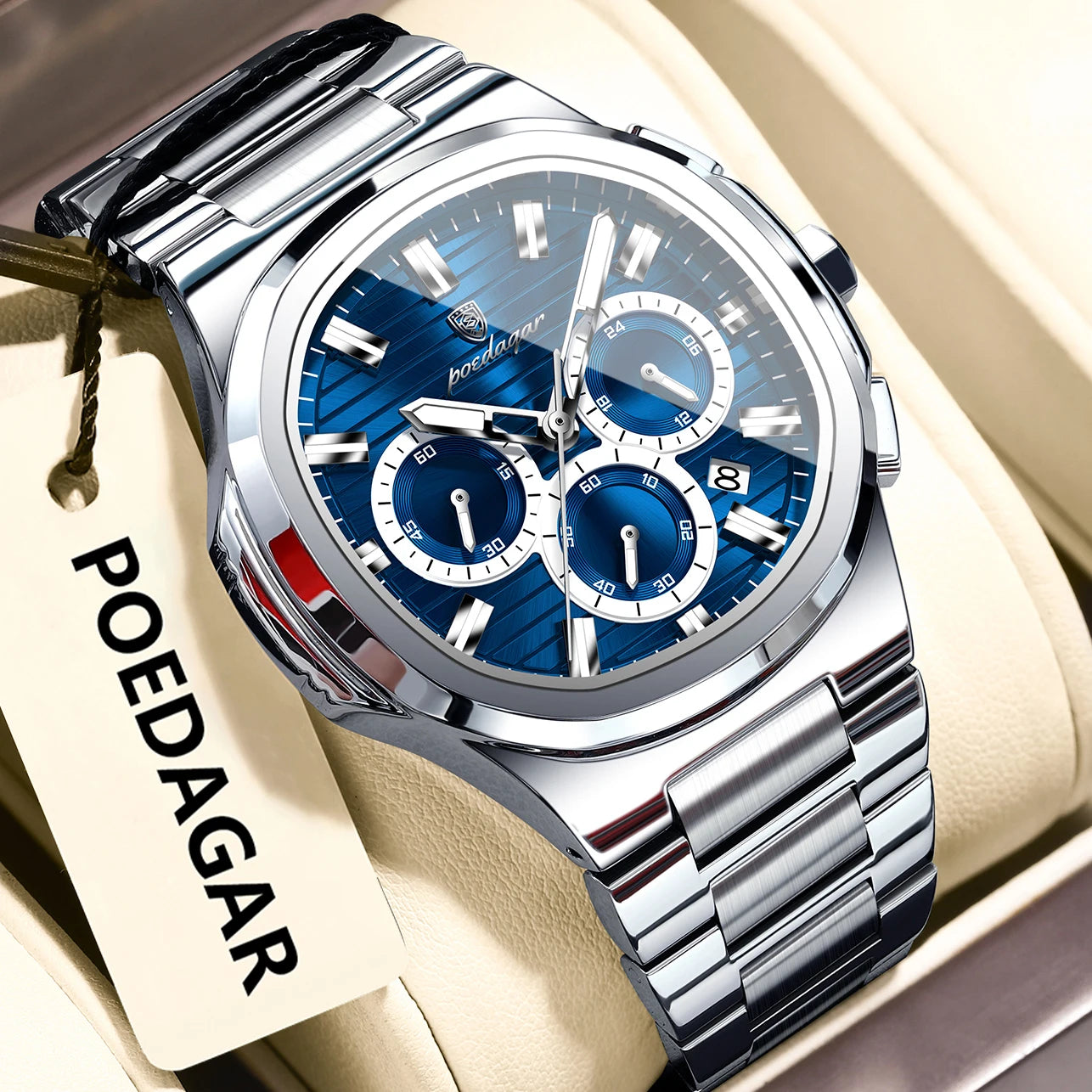 POEDAGAR Business Man Wristwatch Date Chronograph Waterproof Luminous Luxury Men Watch Stainless Steel Quartz Men's Watches Male