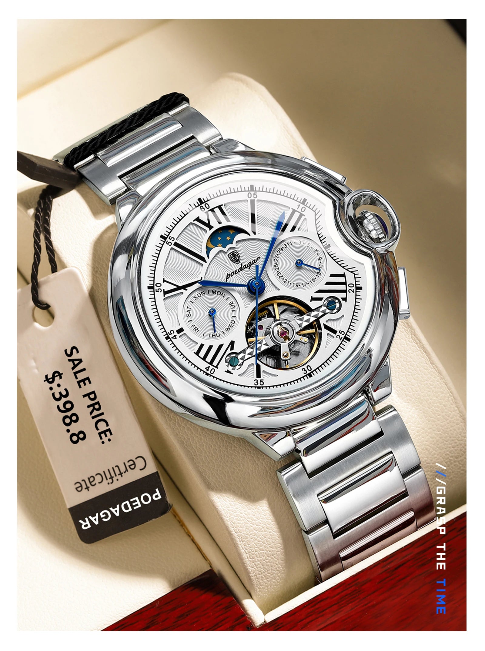 POEDAGAR Luxury Man Watch Tourbillon Date Week Stainless Steel Men Watch Waterproof Automatic Mechanical Military Men's Watches