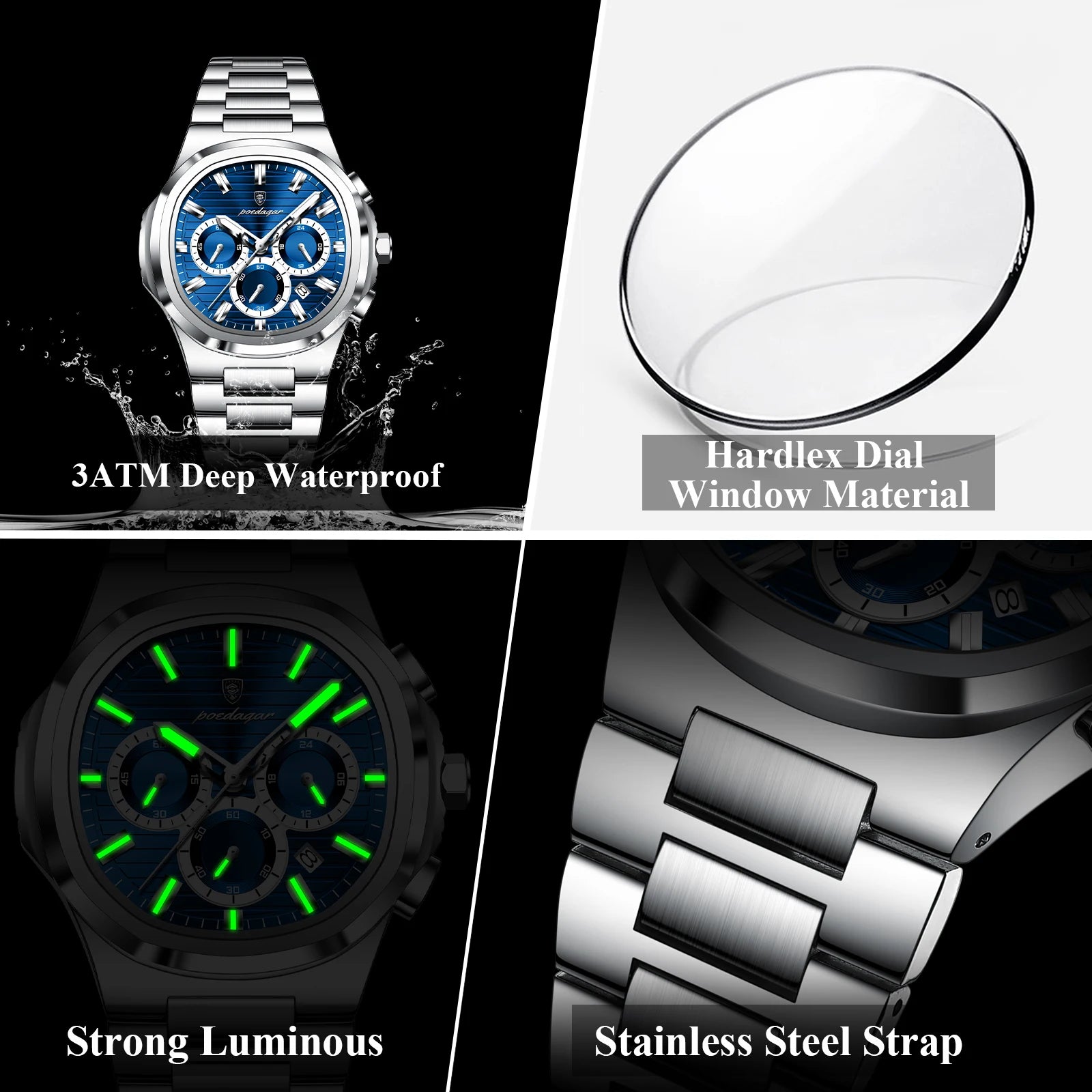 POEDAGAR Business Man Wristwatch Date Chronograph Waterproof Luminous Luxury Men Watch Stainless Steel Quartz Men's Watches Male