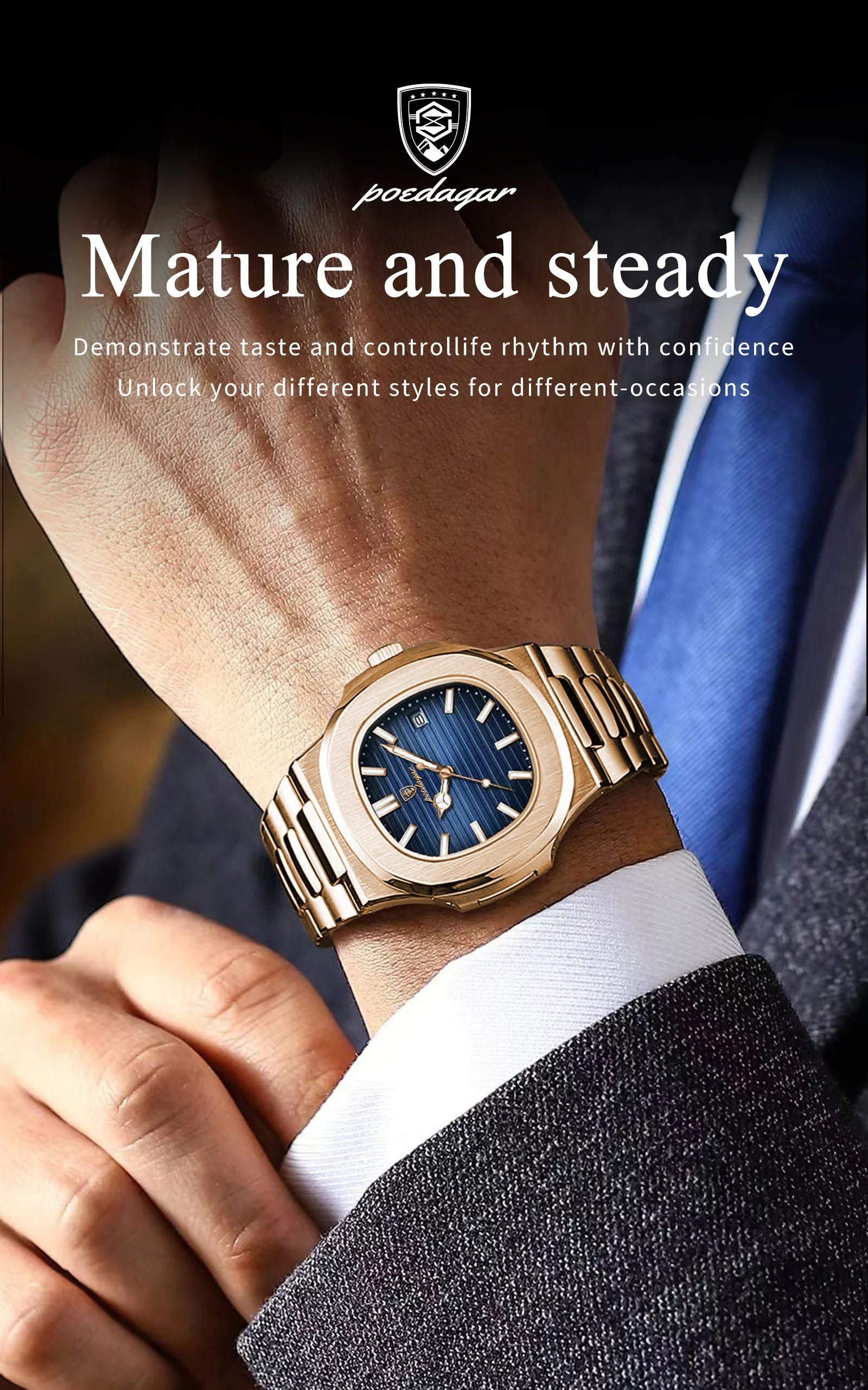 POEDAGAR Fashion Square Male Quartz Watch Waterproof Luminous Date Stainless Steel Man Watch Business Luxury Men's Watches Reloj