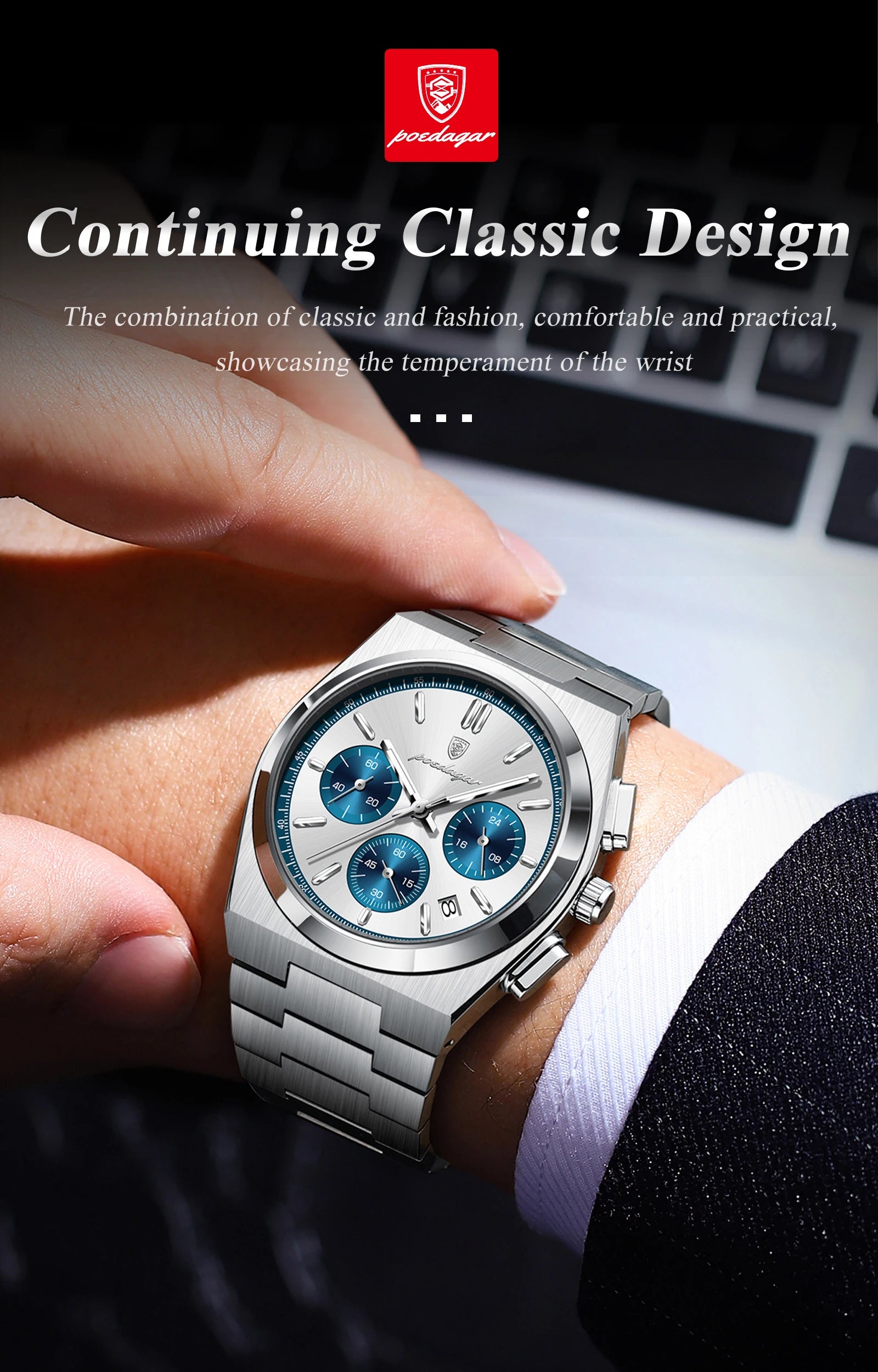 POEDAGAR Luxury Man Watch Chronograph Date Stainless Steel Sport Men Wristwatch Waterproof Luminous Fashion Quartz Men's Watches