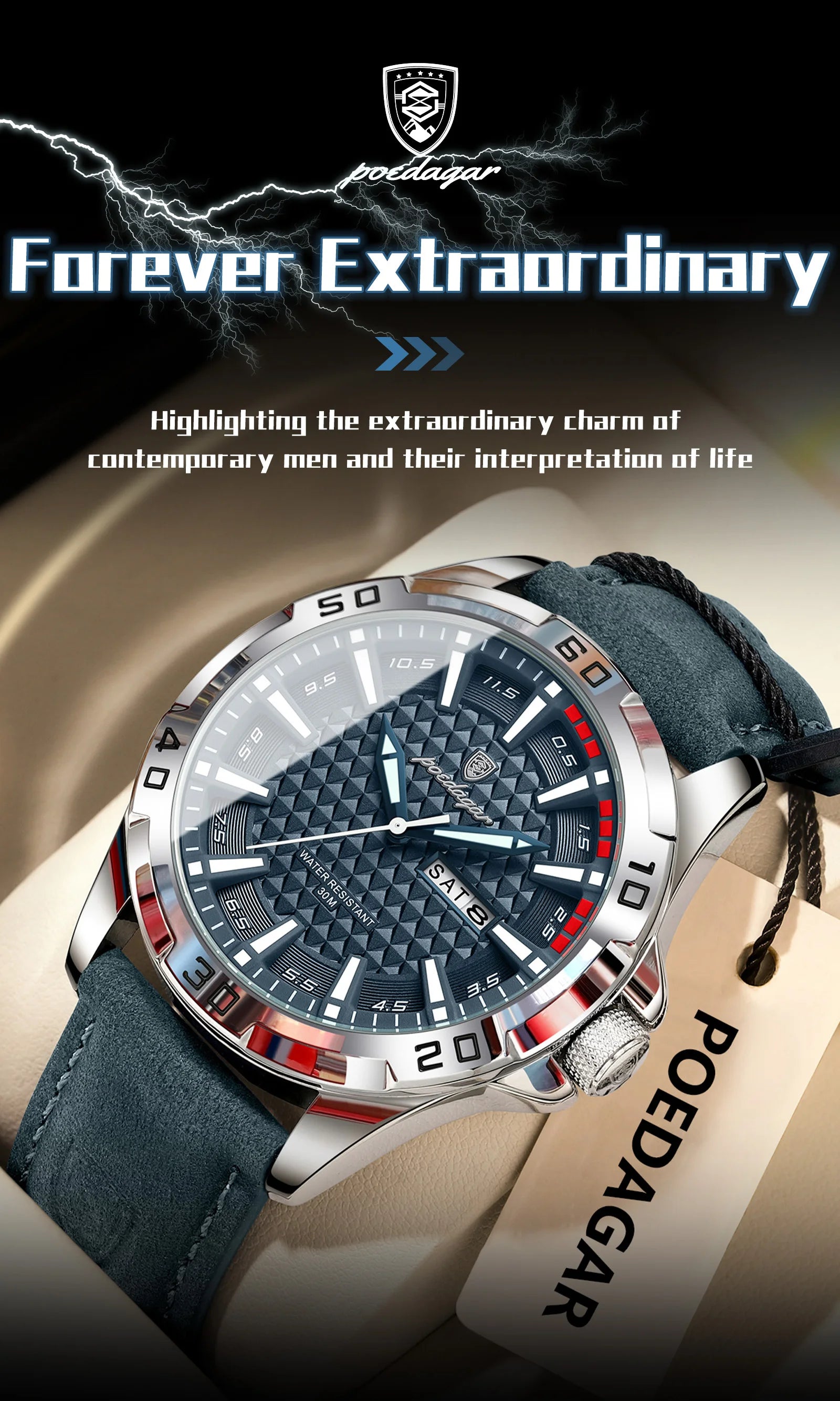 POEDAGAR Original Men Watch Luxury Waterproof Luminous Date Week Watch For Man Quartz Leather Fashion Men's Watches Reloj Hombre