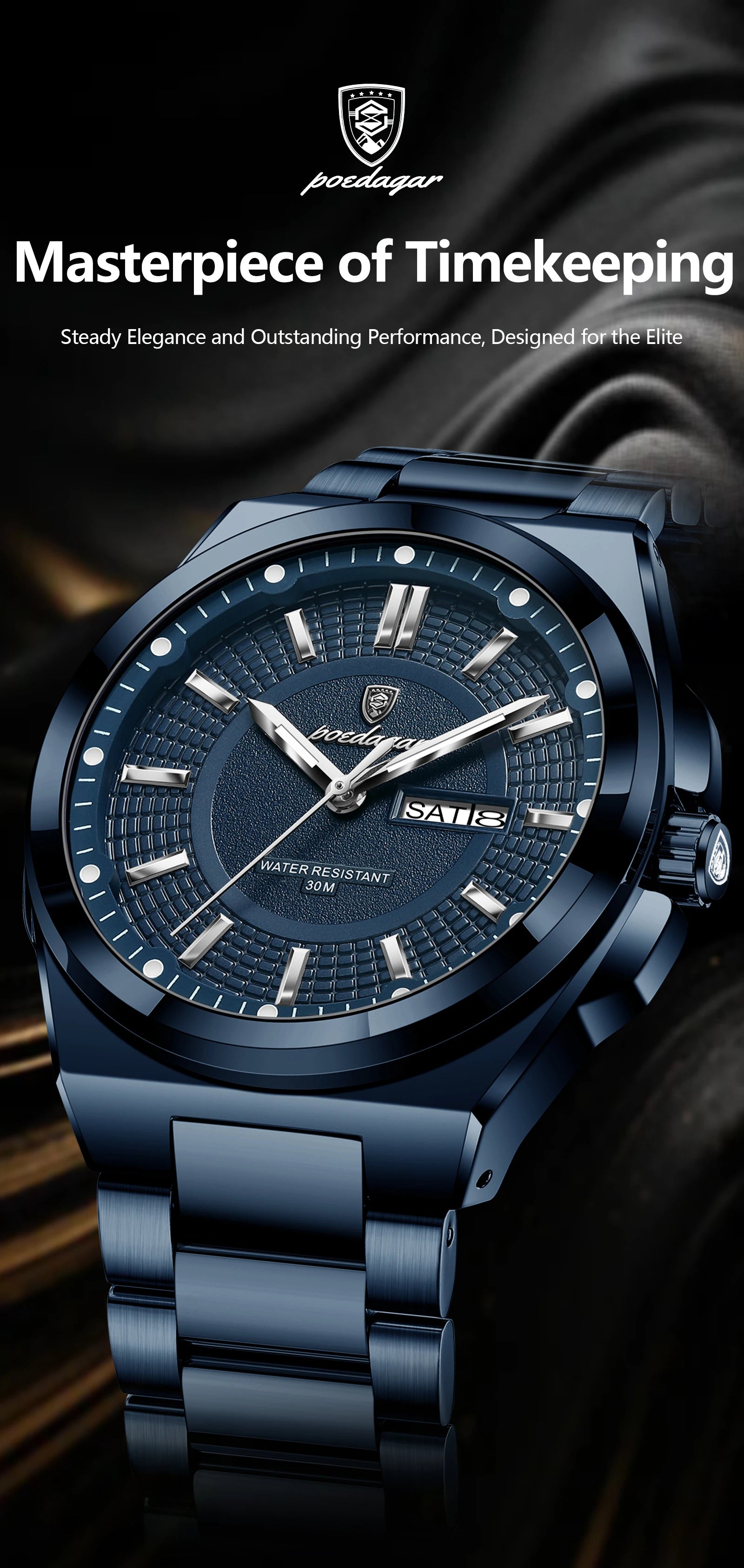 POEDAGAR Sport Original Men Clock Quartz Date Week Luxury Man Wristwatch Waterproof Luminous Stainless Steel Men's Watches Reloj