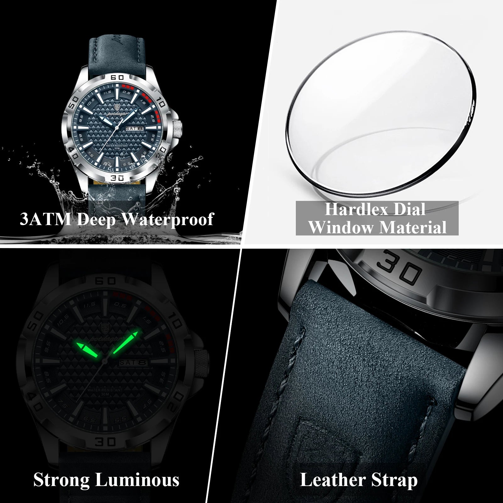 POEDAGAR Original Men Watch Luxury Waterproof Luminous Date Week Watch For Man Quartz Leather Fashion Men's Watches Reloj Hombre