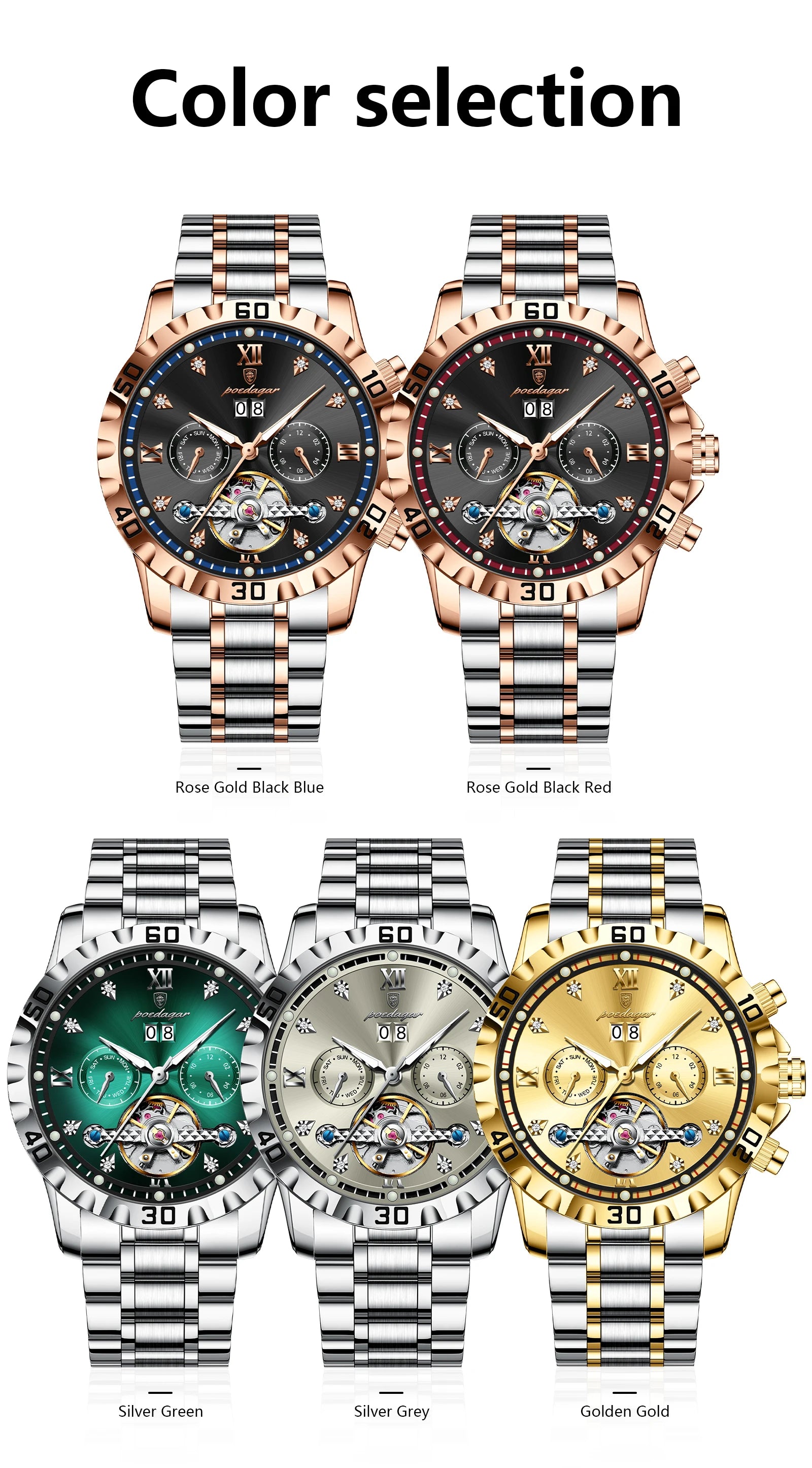 POEDAGAR Top Luxury Men Watch Automatic Date Week Man Wristwatch Hollow Tourbillon Mechanical Stainless Steel Men's Watches Male