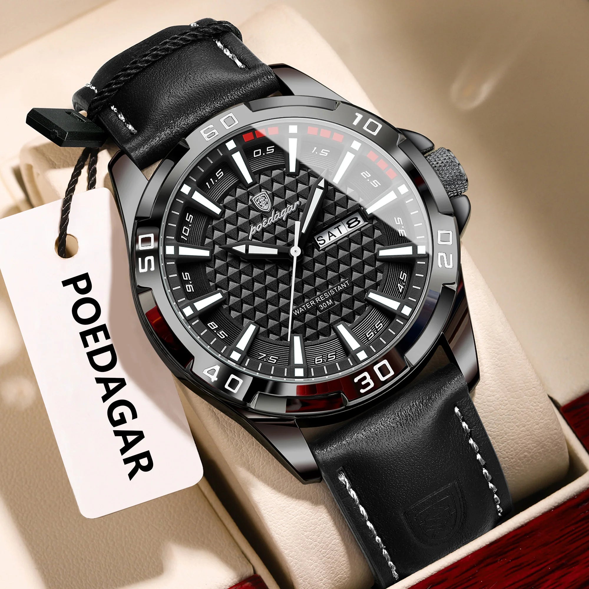 POEDAGAR Original Men Watch Luxury Waterproof Luminous Date Week Watch For Man Quartz Leather Fashion Men's Watches Reloj Hombre