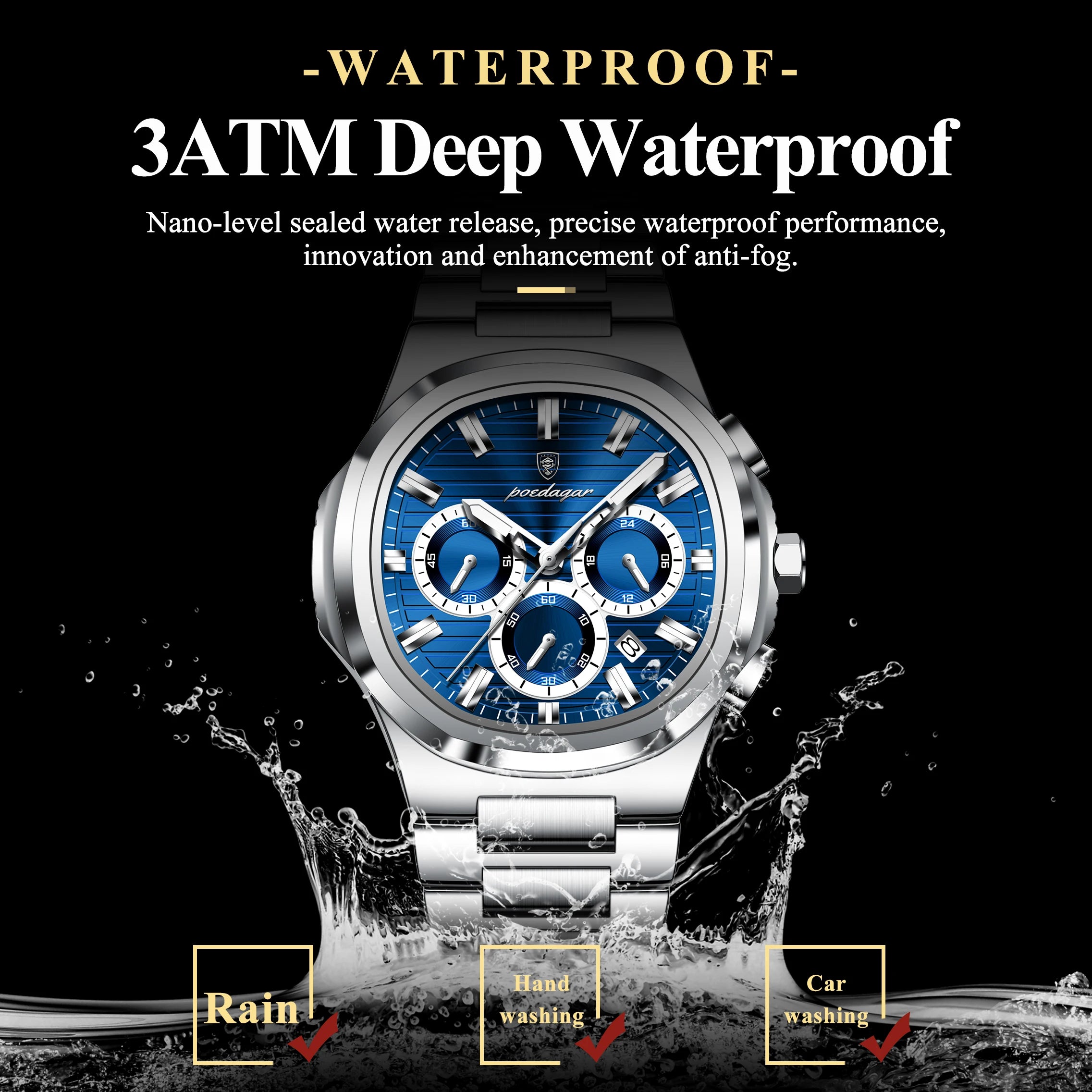 POEDAGAR Business Man Wristwatch Date Chronograph Waterproof Luminous Luxury Men Watch Stainless Steel Quartz Men's Watches Male