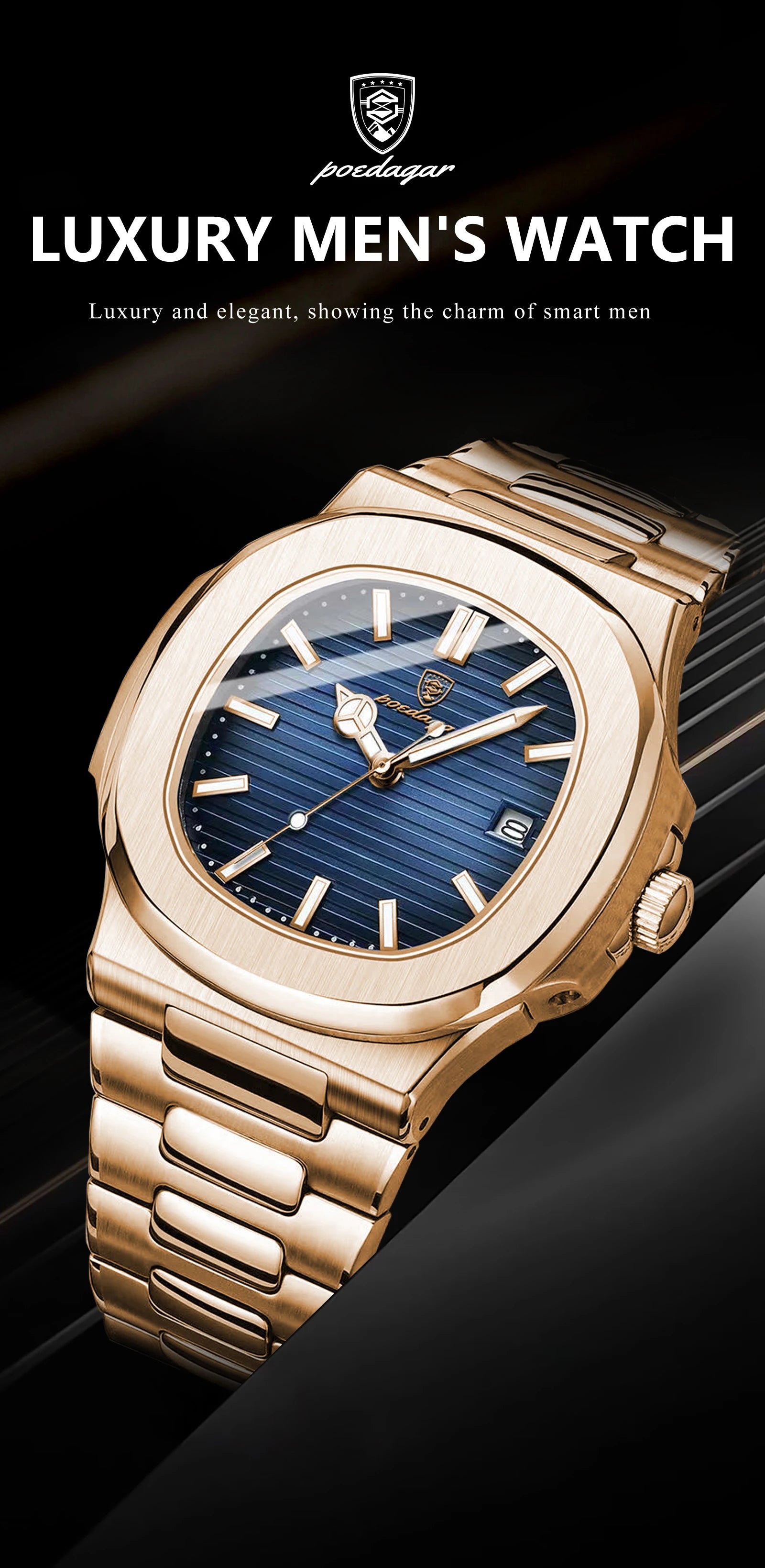 POEDAGAR Fashion Square Male Quartz Watch Waterproof Luminous Date Stainless Steel Man Watch Business Luxury Men's Watches Reloj