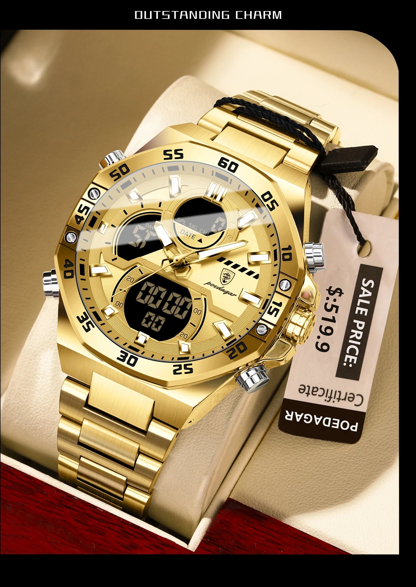 POEDAGAR New Men Clock LED Luminous Waterproof Week Date Military Man Wristwatch Electronic Stainless Steel Quartz Men's Watches