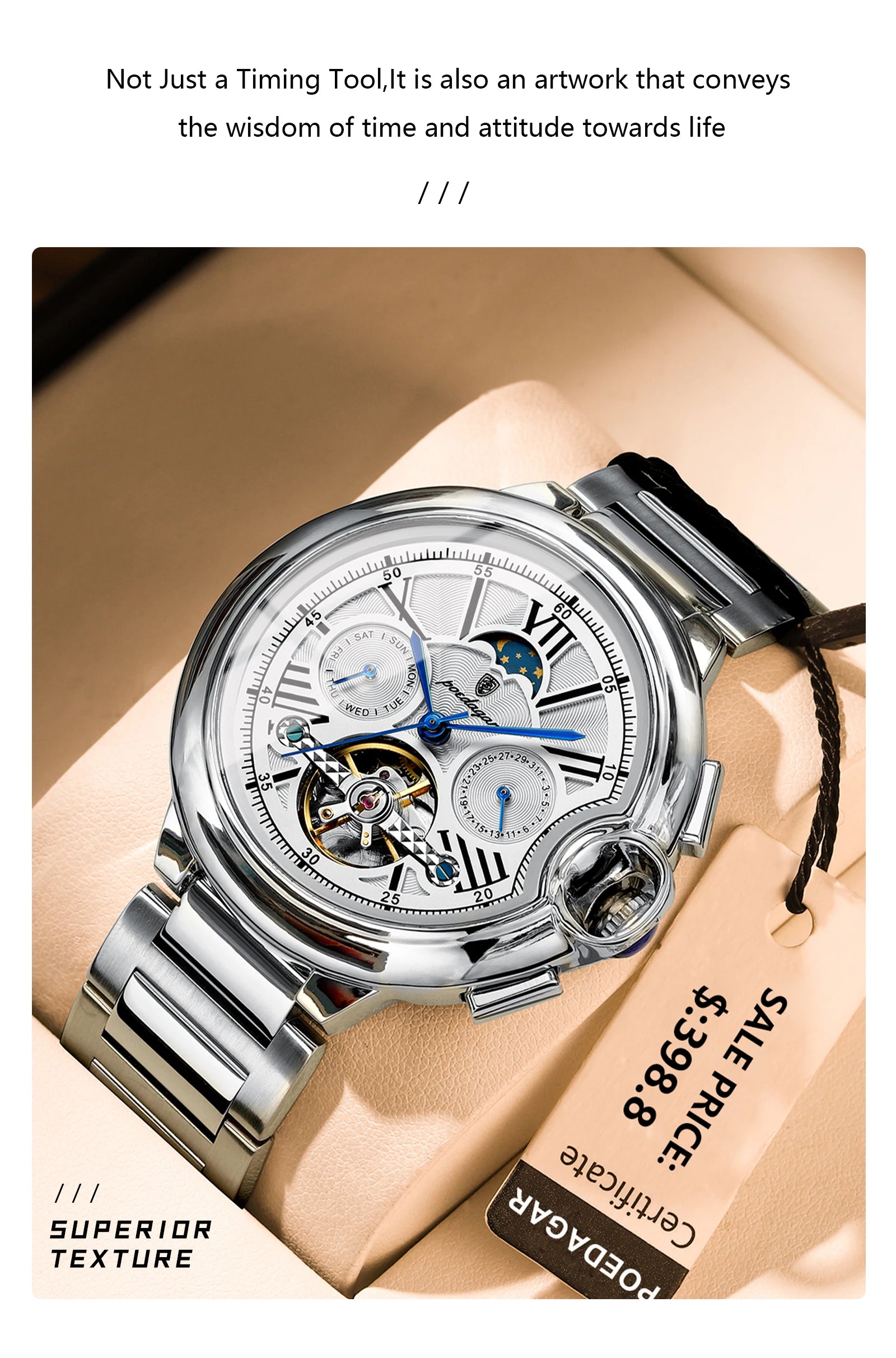 POEDAGAR Luxury Man Watch Tourbillon Date Week Stainless Steel Men Watch Waterproof Automatic Mechanical Military Men's Watches