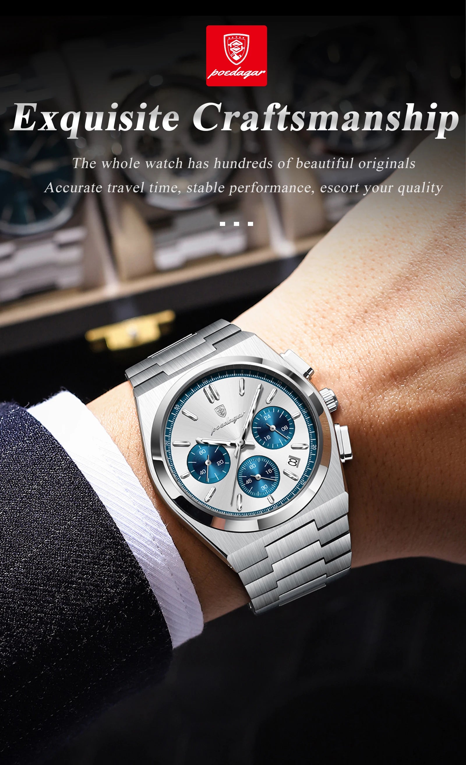 POEDAGAR Luxury Man Watch Chronograph Date Stainless Steel Sport Men Wristwatch Waterproof Luminous Fashion Quartz Men's Watches