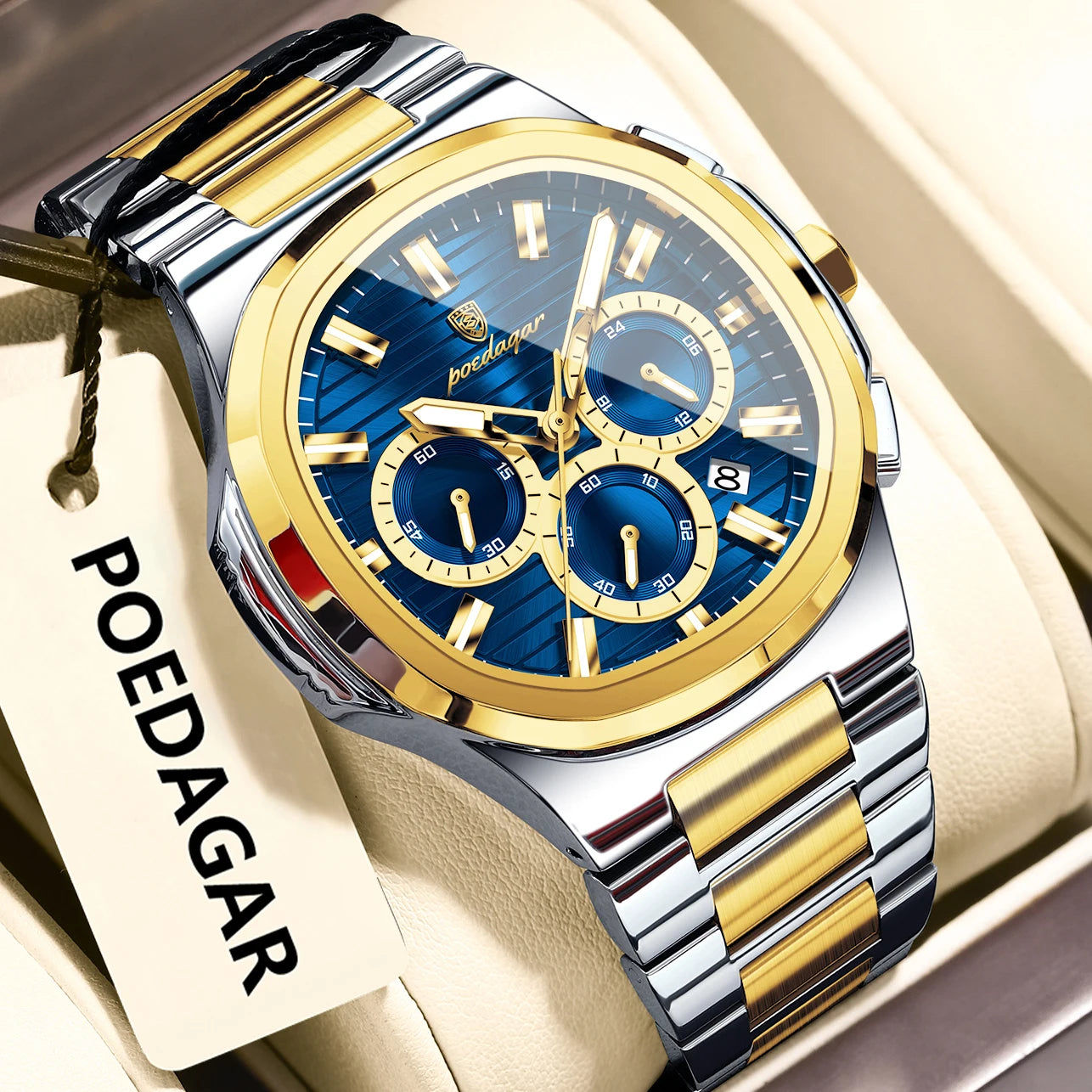POEDAGAR Business Man Wristwatch Date Chronograph Waterproof Luminous Luxury Men Watch Stainless Steel Quartz Men's Watches Male