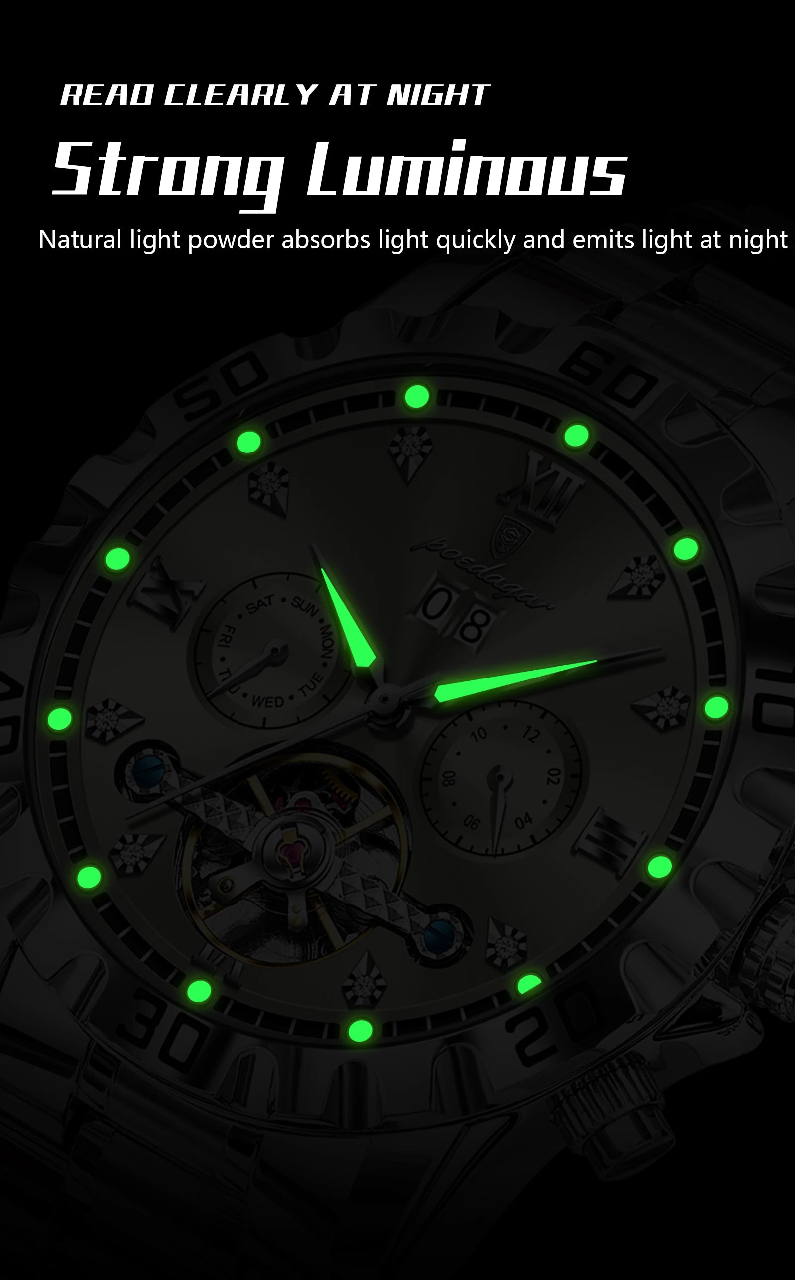 POEDAGAR Top Luxury Men Watch Automatic Date Week Man Wristwatch Hollow Tourbillon Mechanical Stainless Steel Men's Watches Male