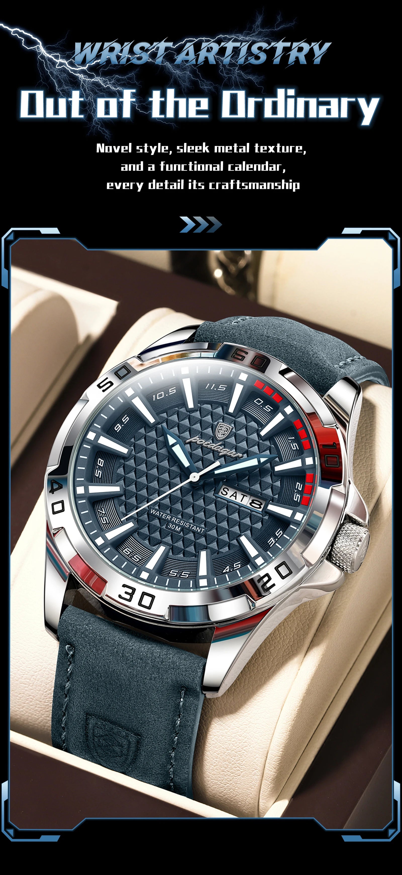 POEDAGAR Original Man Wristwatch Top Luxury Waterproof Luminous Date Week Watch For Men Quartz Sport Leather Men's Watches Reloj