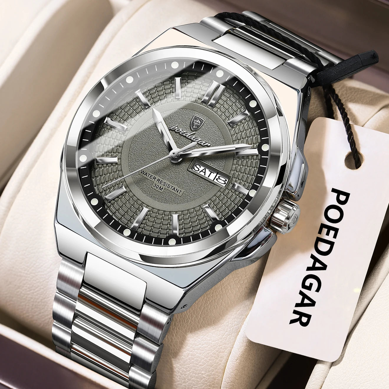 POEDAGAR Sport Original Men Clock Quartz Date Week Luxury Man Wristwatch Waterproof Luminous Stainless Steel Men's Watches Reloj