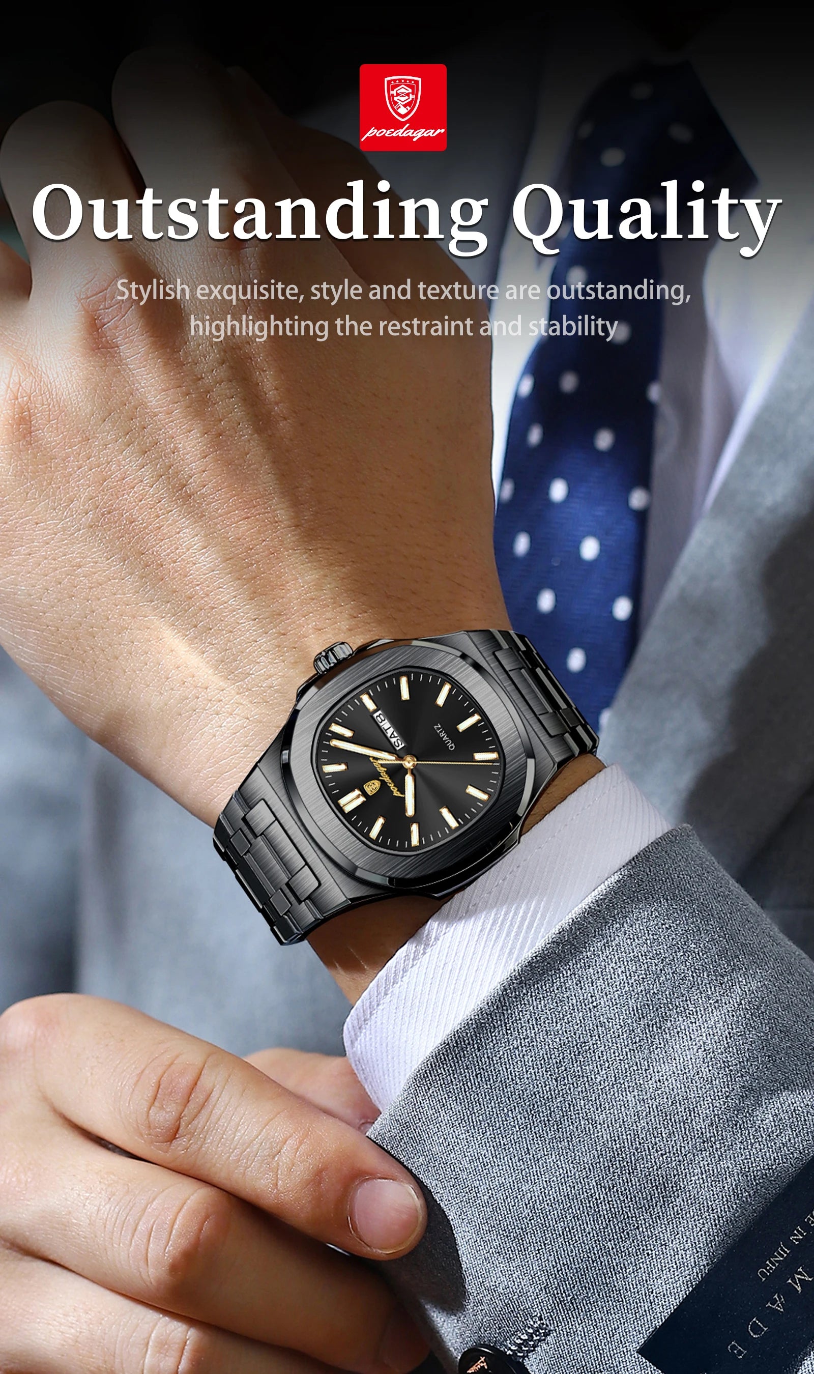 POEDAGAR Luxury Square Men's Watches Waterproof Luminous Date Week Men Watch Stainless Steel Fashion Quartz Man Wristwatch Reloj