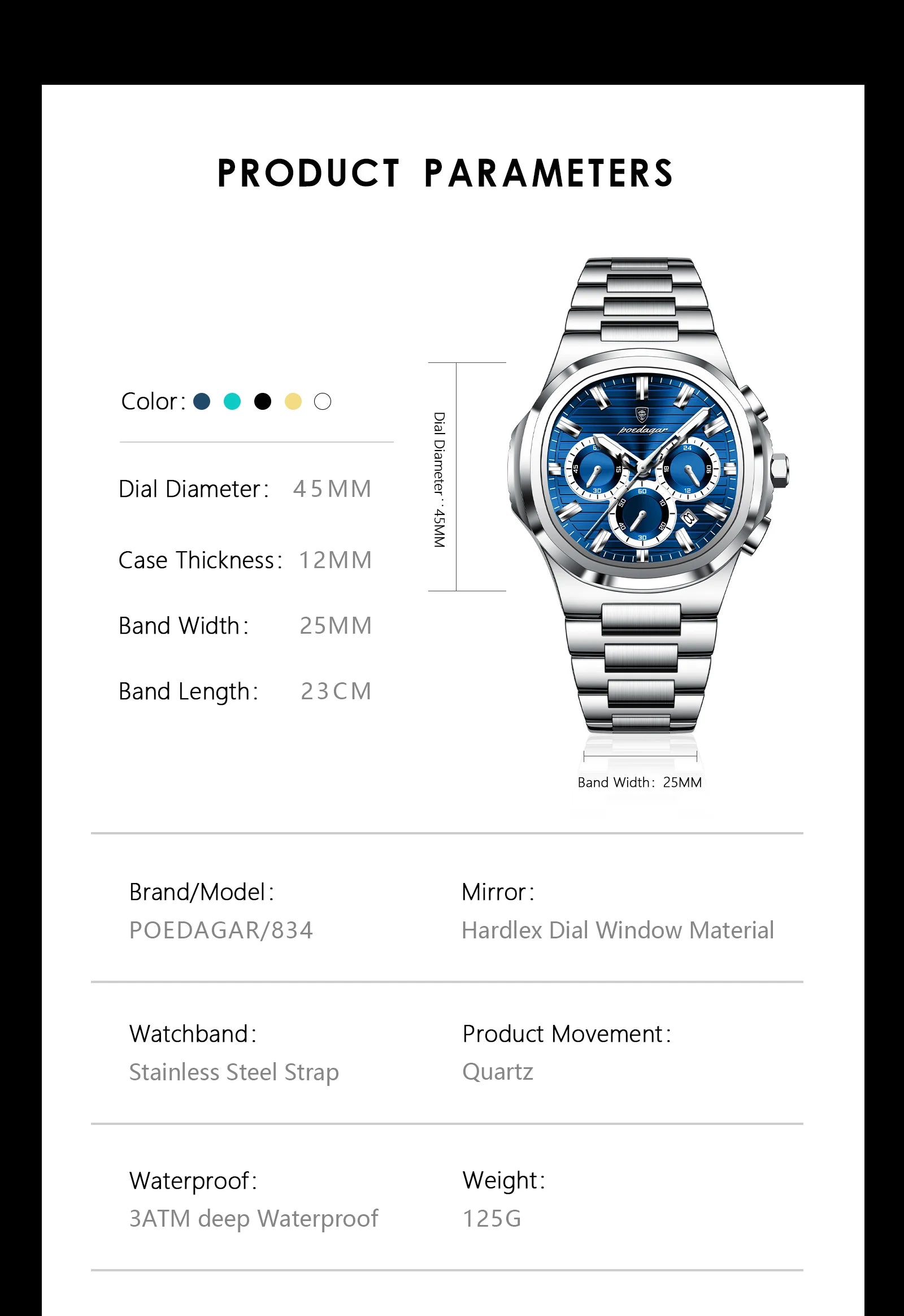 POEDAGAR Business Man Wristwatch Date Chronograph Waterproof Luminous Luxury Men Watch Stainless Steel Quartz Men's Watches Male