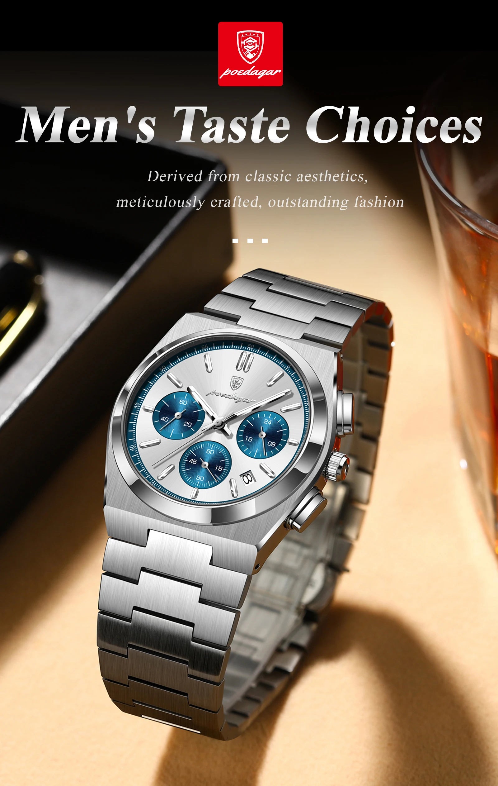POEDAGAR Luxury Man Watch Chronograph Date Stainless Steel Sport Men Wristwatch Waterproof Luminous Fashion Quartz Men's Watches
