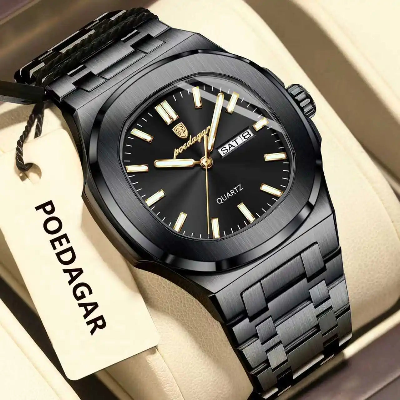 POEDAGAR Luxury Square Men's Watches Waterproof Luminous Date Week Men Watch Stainless Steel Fashion Quartz Man Wristwatch Reloj