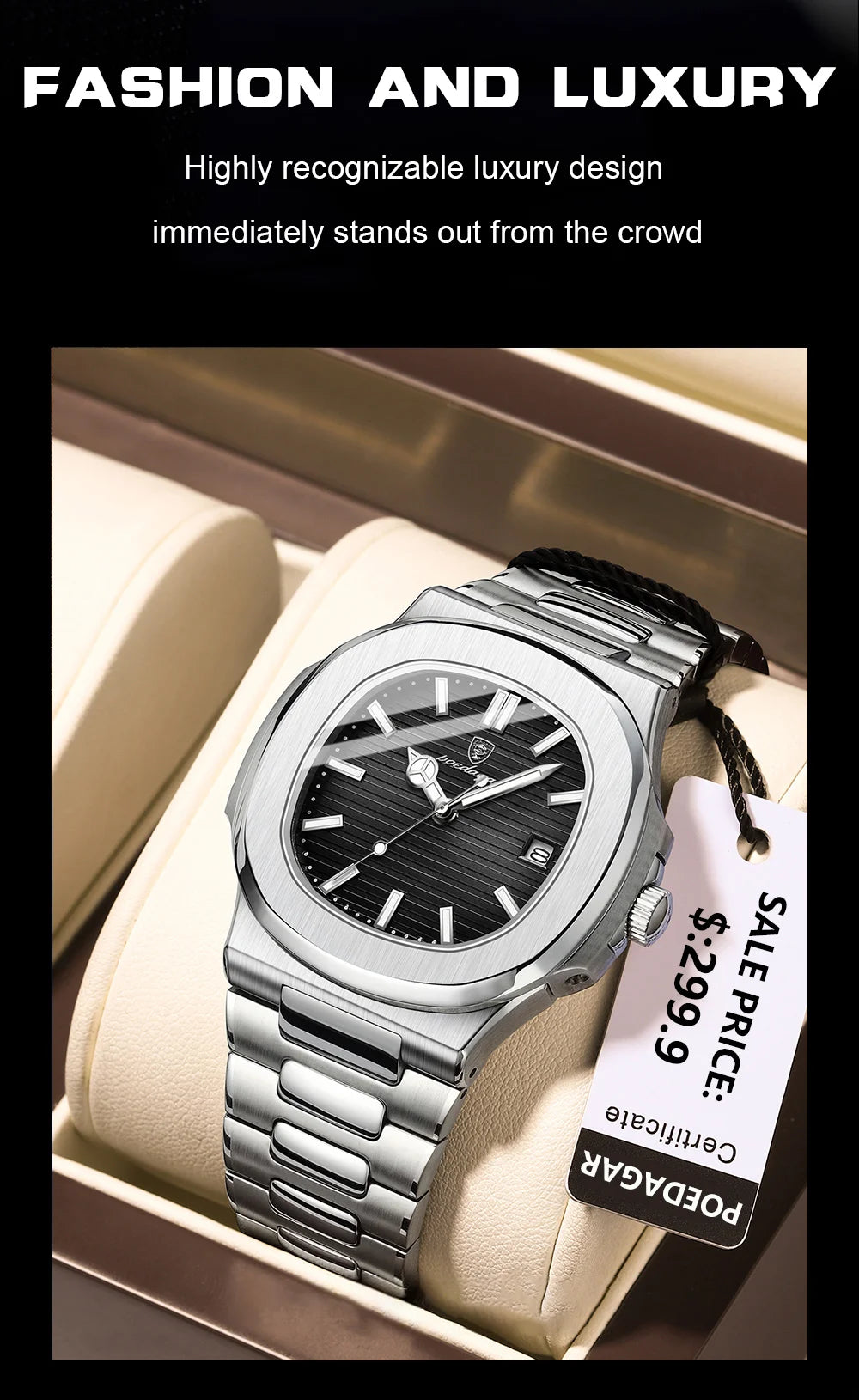 POEDAGAR Top Luxury Brand Man Watch Sports Waterproof Luminous Date Men Wristwatch Square Dial Quartz Men's Watches High Quality