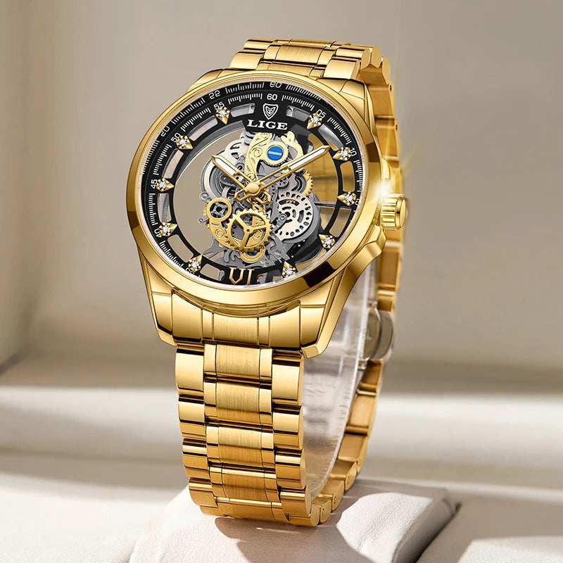 2026 LIGE Men Watch Skeleton Automatic Quartz Watch Gold Skeleton Vintage Man Watch Mens Watches Top Brand Luxury часы мужские