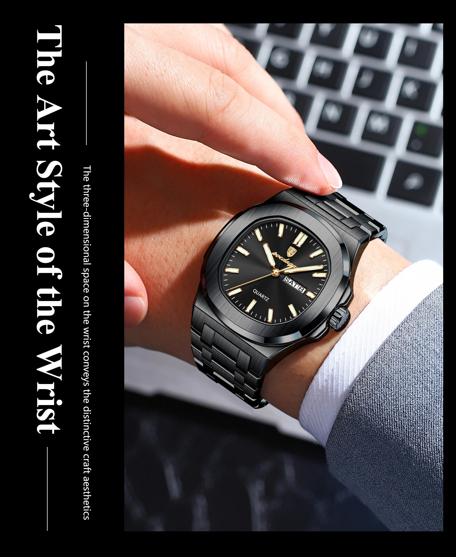 POEDAGAR Luxury Square Men's Watches Waterproof Luminous Date Week Men Watch Stainless Steel Fashion Quartz Man Wristwatch Reloj